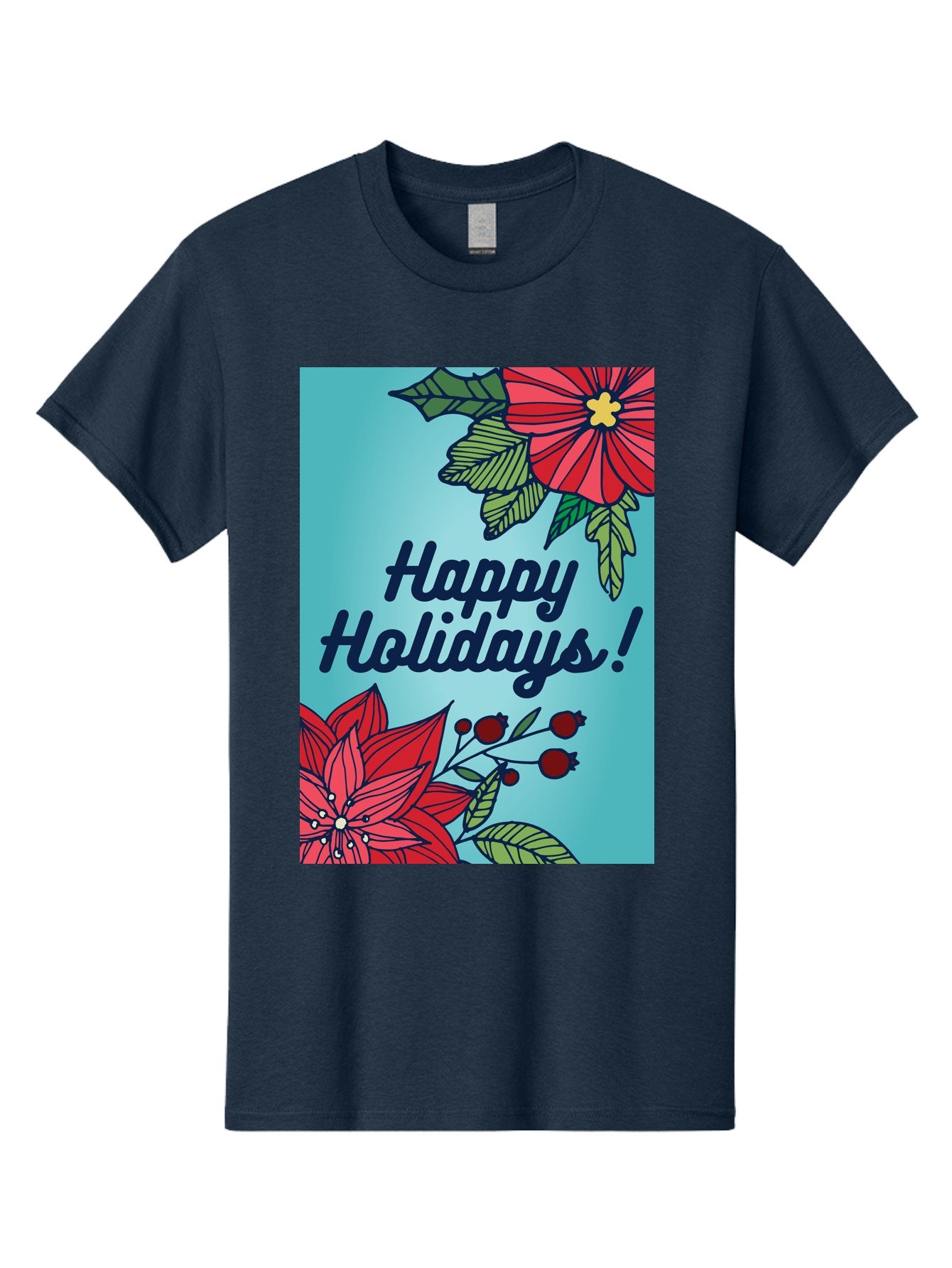 Happy-Holidays-5 Men'S Graphic Tee, 100% Cotton, Comfortable Casual Summer Wear, Machine Washable, Happy Holidays, Red Poinsettias, Festive Flowers, Holiday Cheer, Seasonal Greetings, Red Berries, Holly Leaves, Dark Blue Text, -  Aaa917 9