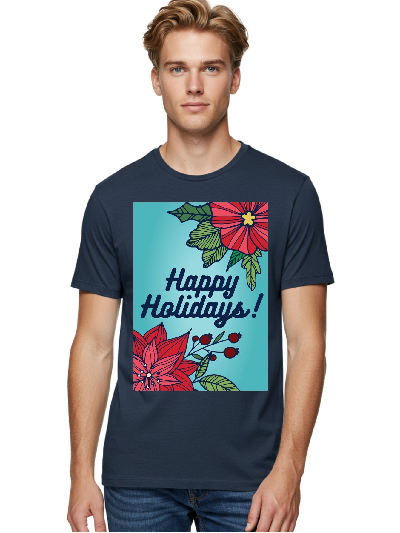 Happy-Holidays-5 Men'S Graphic Tee, 100% Cotton, Comfortable Casual Summer Wear, Machine Washable, Happy Holidays, Red Poinsettias, Festive Flowers, Holiday Cheer, Seasonal Greetings, Red Berries, Holly Leaves, Dark Blue Text, -  Aaa917 26