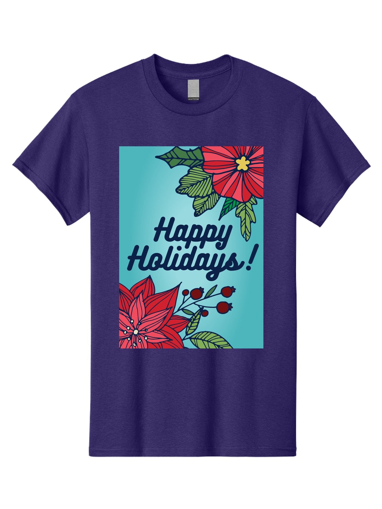 Happy-Holidays-5 Men'S Graphic Tee, 100% Cotton, Comfortable Casual Summer Wear, Machine Washable, Happy Holidays, Red Poinsettias, Festive Flowers, Holiday Cheer, Seasonal Greetings, Red Berries, Holly Leaves, Dark Blue Text, -  Aaa917 6