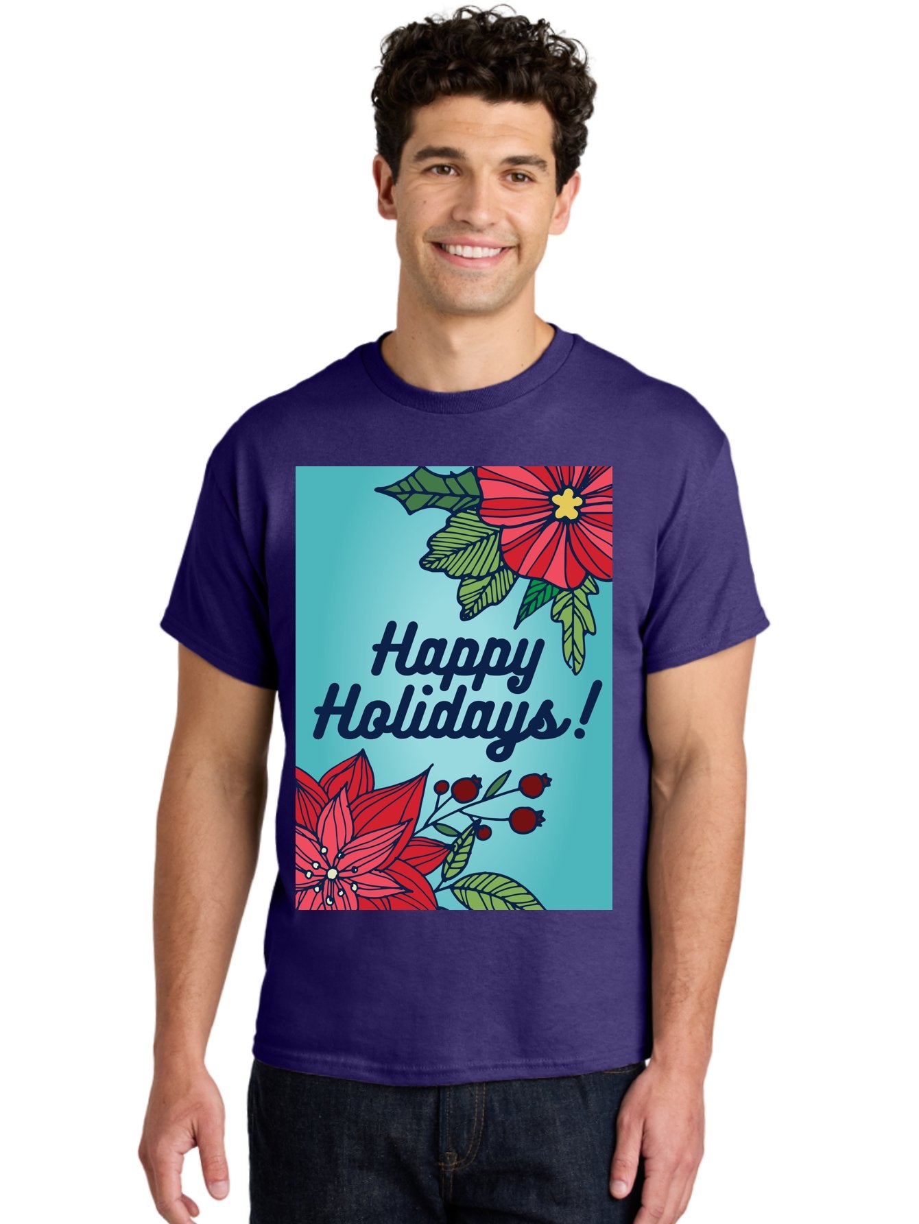 Happy-Holidays-5 Men'S Graphic Tee, 100% Cotton, Comfortable Casual Summer Wear, Machine Washable, Happy Holidays, Red Poinsettias, Festive Flowers, Holiday Cheer, Seasonal Greetings, Red Berries, Holly Leaves, Dark Blue Text, -  Aaa917 24