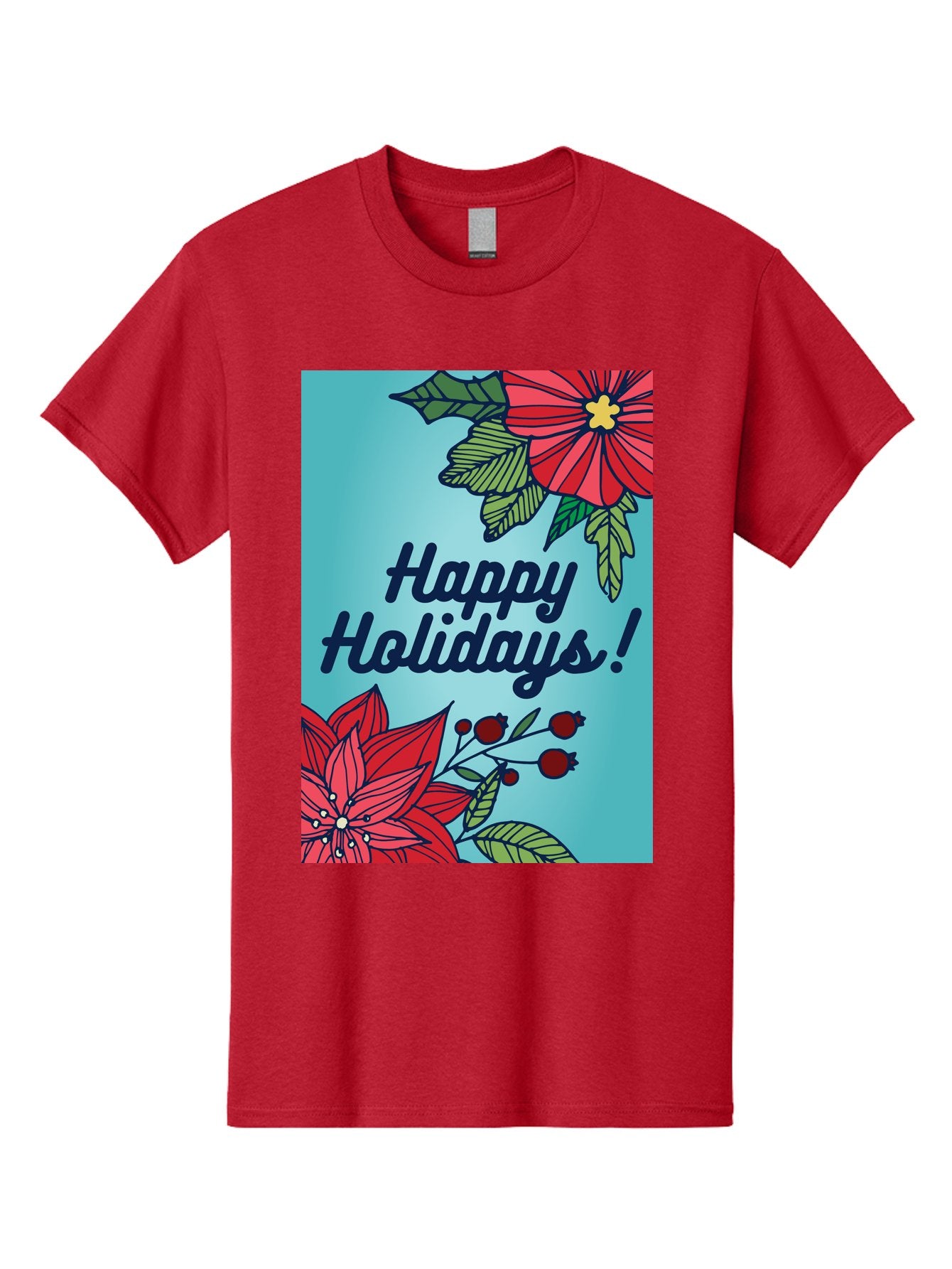 Happy-Holidays-5 Men'S Graphic Tee, 100% Cotton, Comfortable Casual Summer Wear, Machine Washable, Happy Holidays, Red Poinsettias, Festive Flowers, Holiday Cheer, Seasonal Greetings, Red Berries, Holly Leaves, Dark Blue Text, -  Aaa917 10