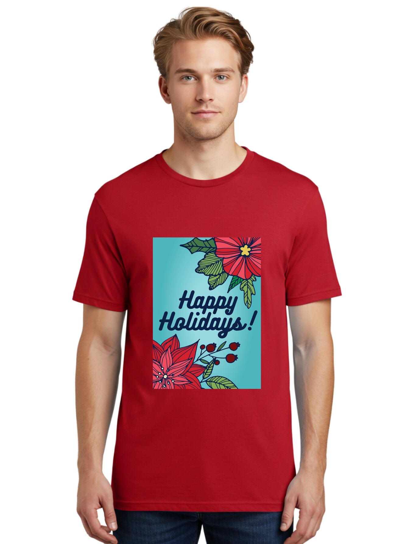 Happy-Holidays-5 Men'S Graphic Tee, 100% Cotton, Comfortable Casual Summer Wear, Machine Washable, Happy Holidays, Red Poinsettias, Festive Flowers, Holiday Cheer, Seasonal Greetings, Red Berries, Holly Leaves, Dark Blue Text, -  Aaa917 17