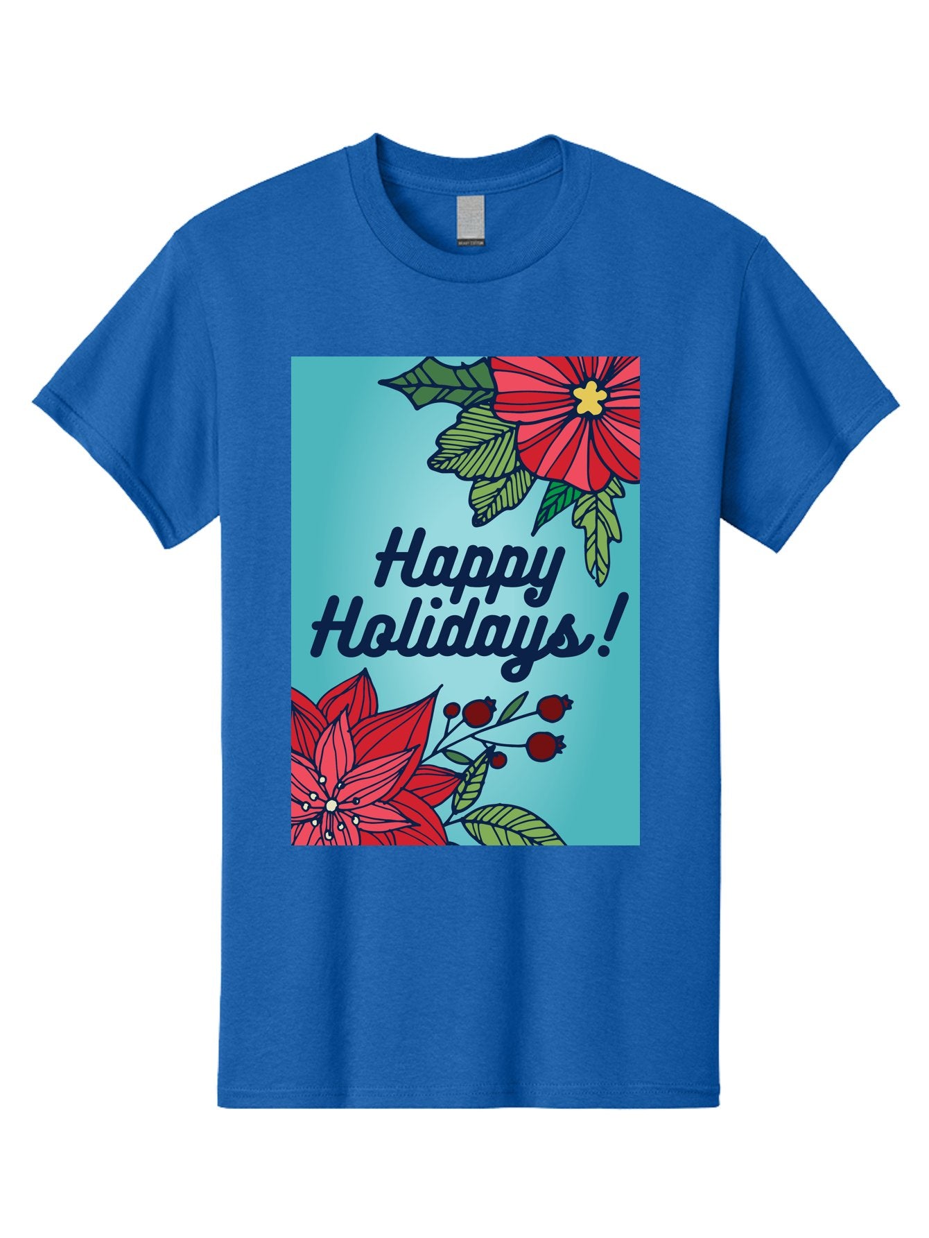 Happy-Holidays-5 Men'S Graphic Tee, 100% Cotton, Comfortable Casual Summer Wear, Machine Washable, Happy Holidays, Red Poinsettias, Festive Flowers, Holiday Cheer, Seasonal Greetings, Red Berries, Holly Leaves, Dark Blue Text, -  Aaa917 14