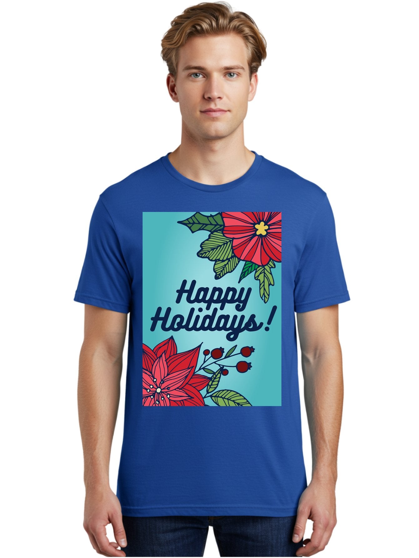 Happy-Holidays-5 Men'S Graphic Tee, 100% Cotton, Comfortable Casual Summer Wear, Machine Washable, Happy Holidays, Red Poinsettias, Festive Flowers, Holiday Cheer, Seasonal Greetings, Red Berries, Holly Leaves, Dark Blue Text, -  Aaa917 29