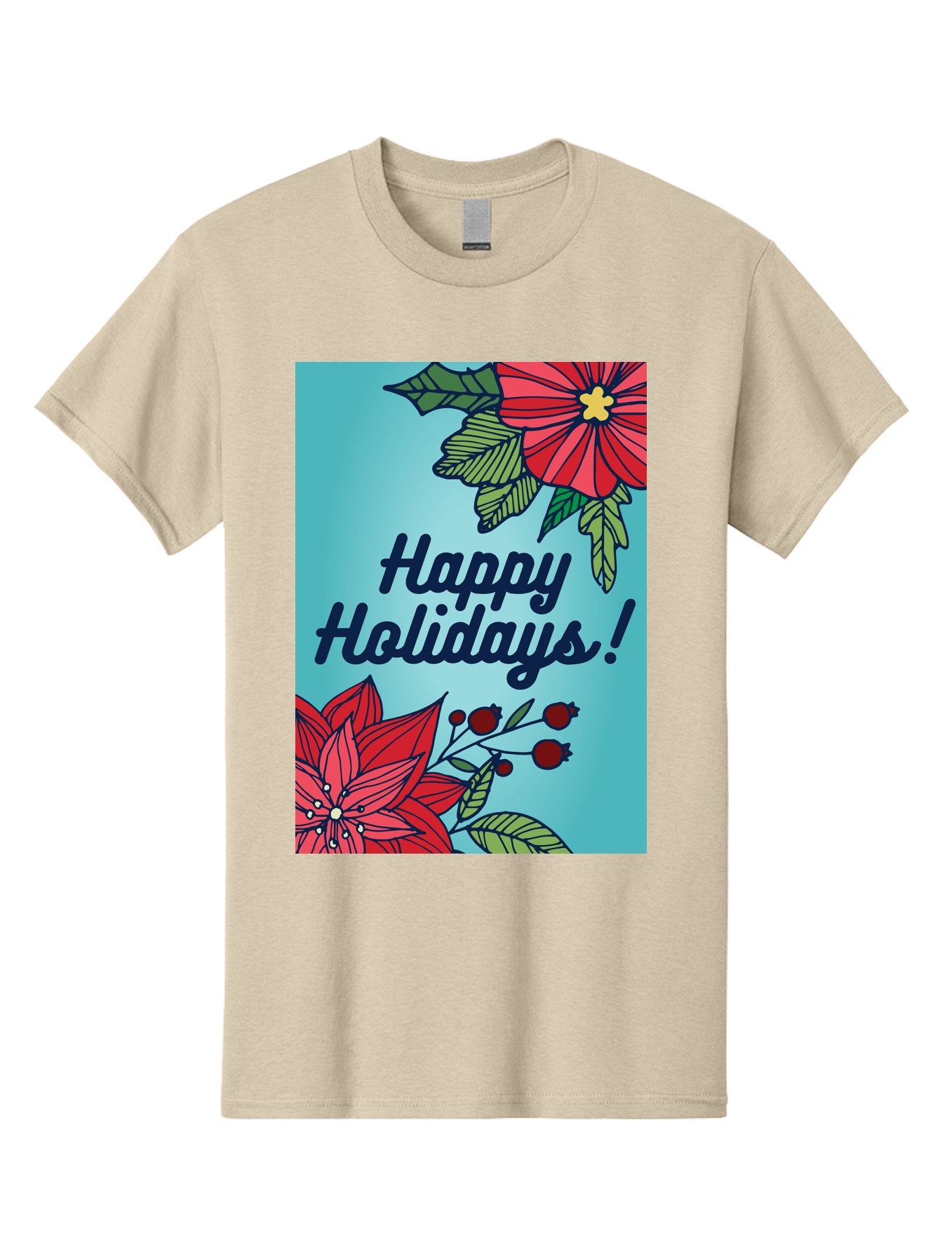Happy-Holidays-5 Men'S Graphic Tee, 100% Cotton, Comfortable Casual Summer Wear, Machine Washable, Happy Holidays, Red Poinsettias, Festive Flowers, Holiday Cheer, Seasonal Greetings, Red Berries, Holly Leaves, Dark Blue Text, -  Aaa917