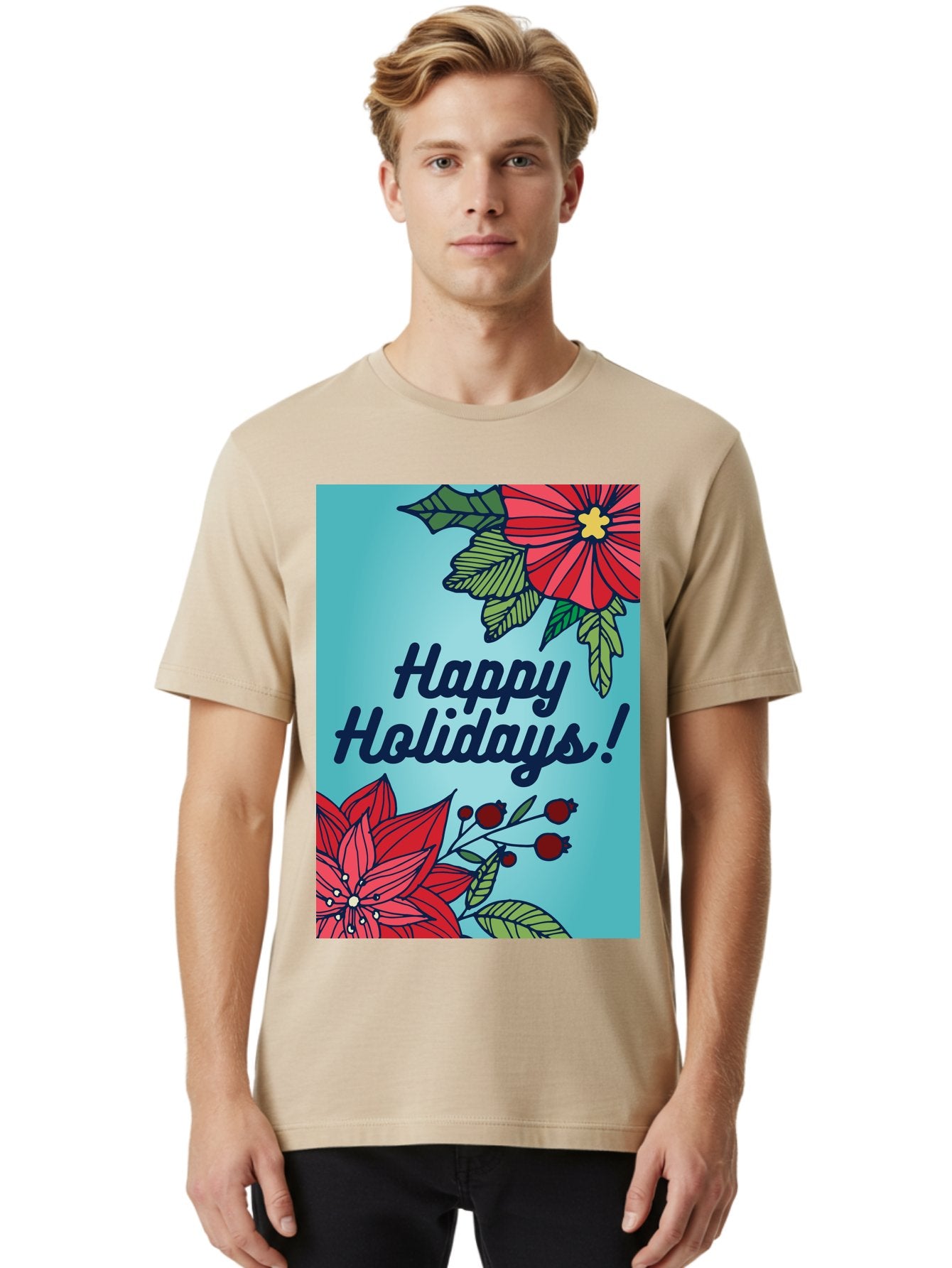 Happy-Holidays-5 Men'S Graphic Tee, 100% Cotton, Comfortable Casual Summer Wear, Machine Washable, Happy Holidays, Red Poinsettias, Festive Flowers, Holiday Cheer, Seasonal Greetings, Red Berries, Holly Leaves, Dark Blue Text, -  Aaa917 19