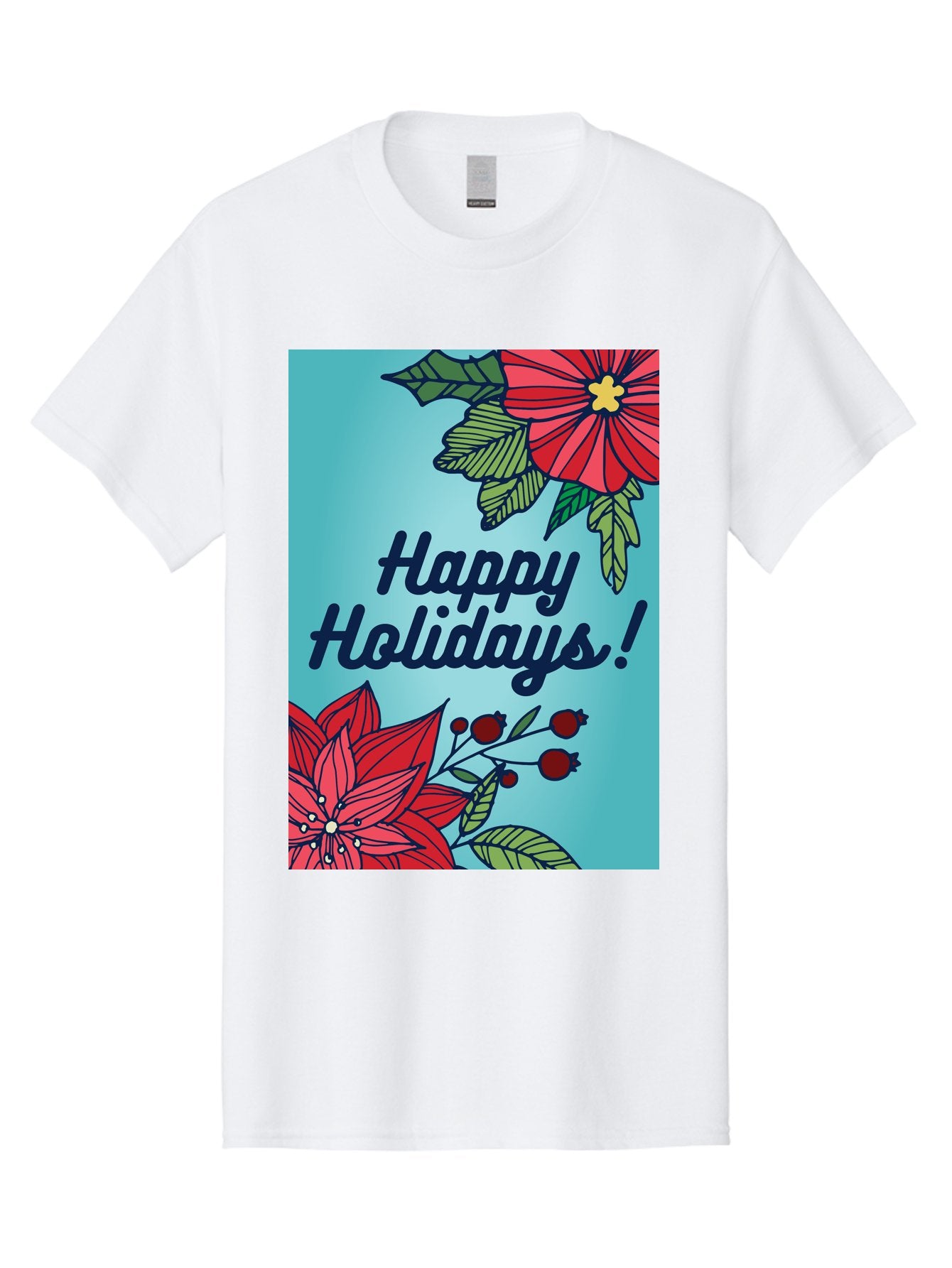 Happy-Holidays-5 Men'S Graphic Tee, 100% Cotton, Comfortable Casual Summer Wear, Machine Washable, Happy Holidays, Red Poinsettias, Festive Flowers, Holiday Cheer, Seasonal Greetings, Red Berries, Holly Leaves, Dark Blue Text, -  Aaa917 11