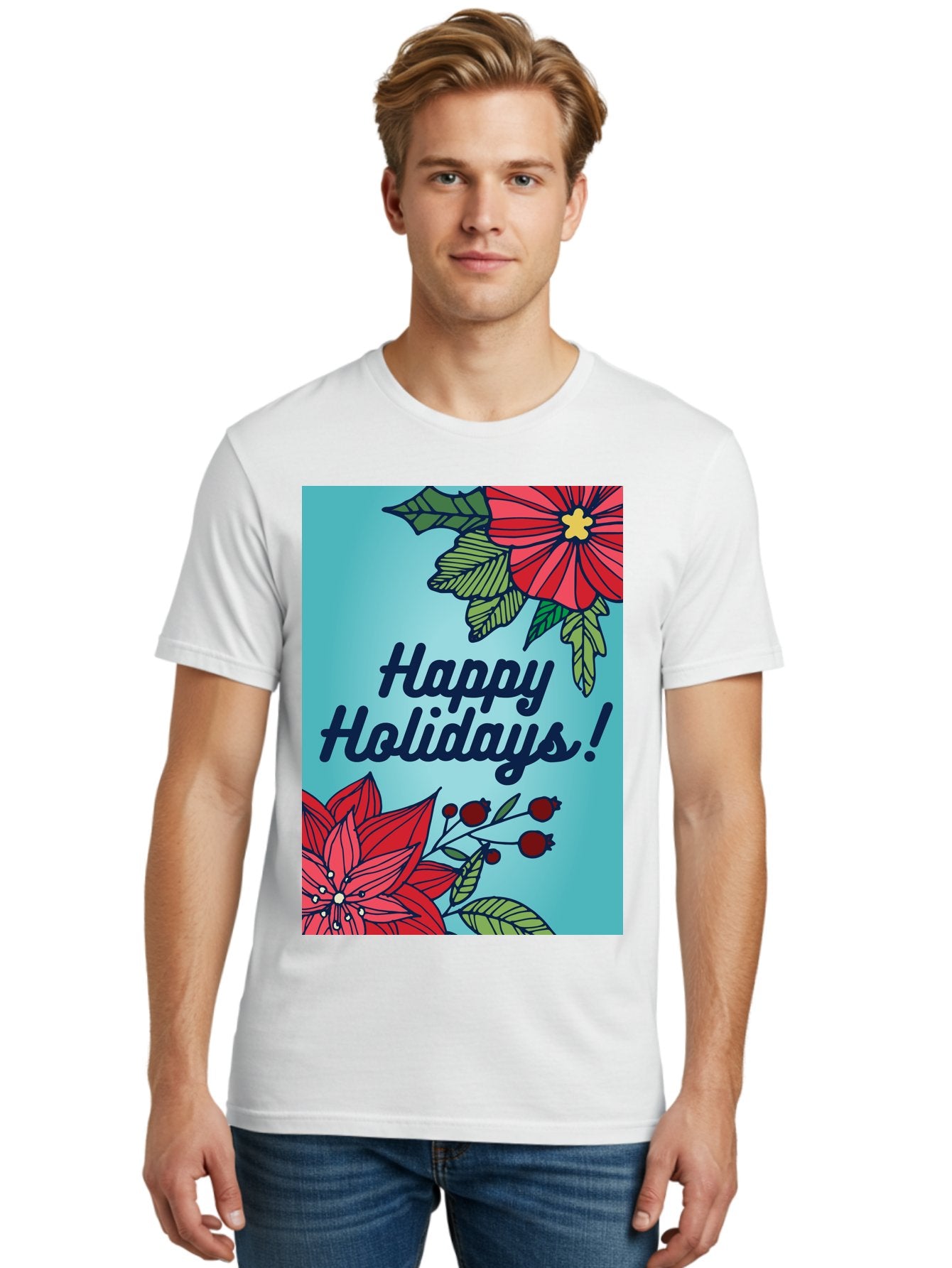 Happy-Holidays-5 Men'S Graphic Tee, 100% Cotton, Comfortable Casual Summer Wear, Machine Washable, Happy Holidays, Red Poinsettias, Festive Flowers, Holiday Cheer, Seasonal Greetings, Red Berries, Holly Leaves, Dark Blue Text, -  Aaa917 27