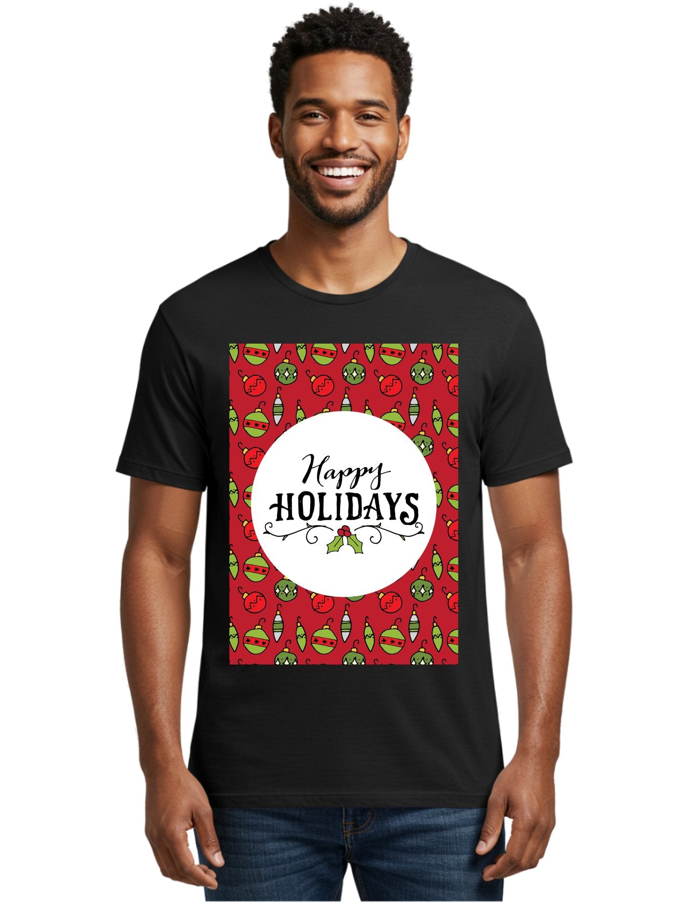 Happy-Holidays-7 Men'S Graphic Tee, 100% Cotton, Comfortable Casual Summer Wear, Machine Washable, Happy Holidays Greeting, Christmas Ornaments, Festive Decorations, Holiday Cheer, Red And Green Theme, Winter Season, Holiday Wishes, -  Aaa919 20