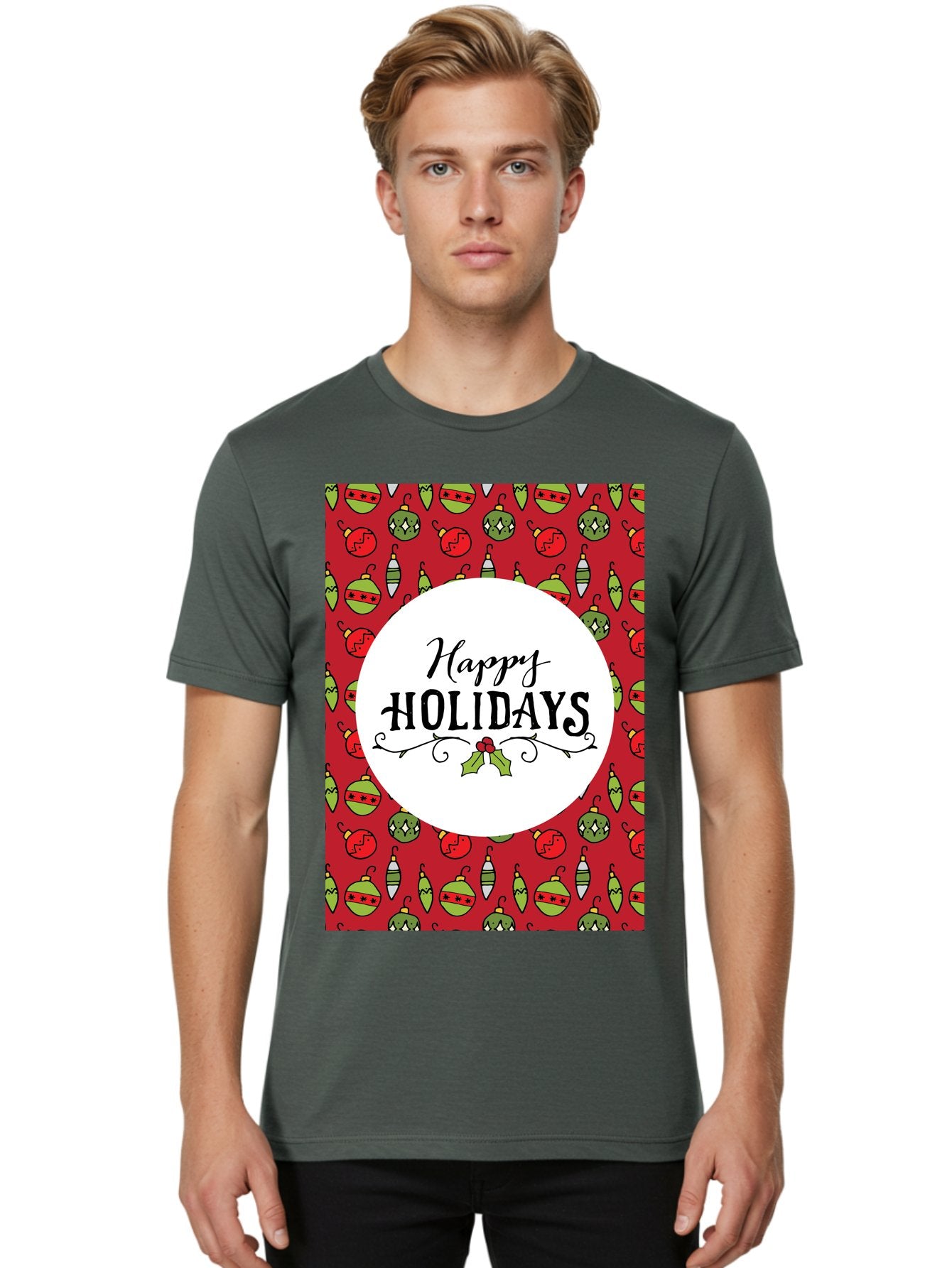 Happy-Holidays-7 Men'S Graphic Tee, 100% Cotton, Comfortable Casual Summer Wear, Machine Washable, Happy Holidays Greeting, Christmas Ornaments, Festive Decorations, Holiday Cheer, Red And Green Theme, Winter Season, Holiday Wishes, -  Aaa919 19