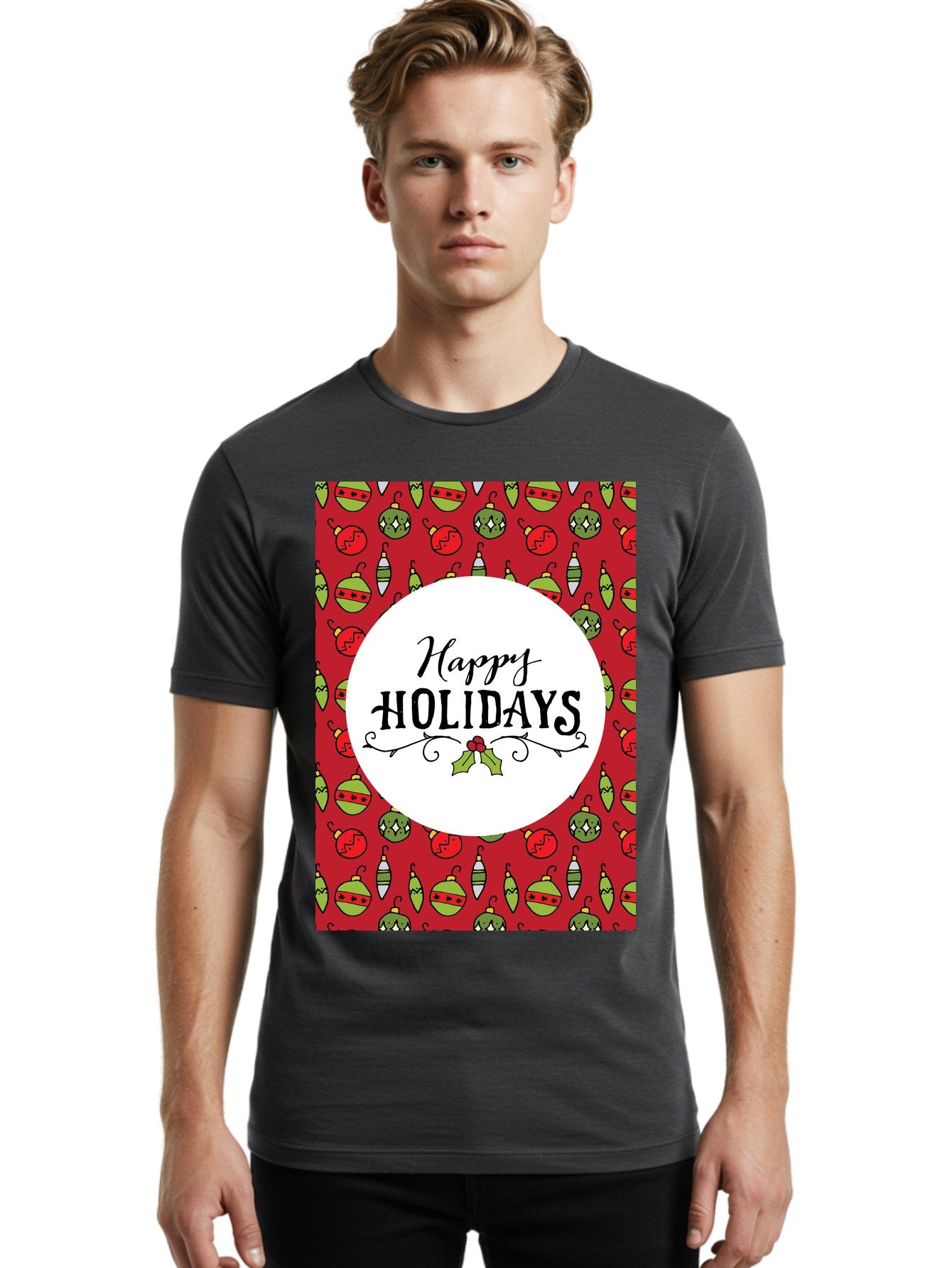 Happy-Holidays-7 Men'S Graphic Tee, 100% Cotton, Comfortable Casual Summer Wear, Machine Washable, Happy Holidays Greeting, Christmas Ornaments, Festive Decorations, Holiday Cheer, Red And Green Theme, Winter Season, Holiday Wishes, -  Aaa919 26