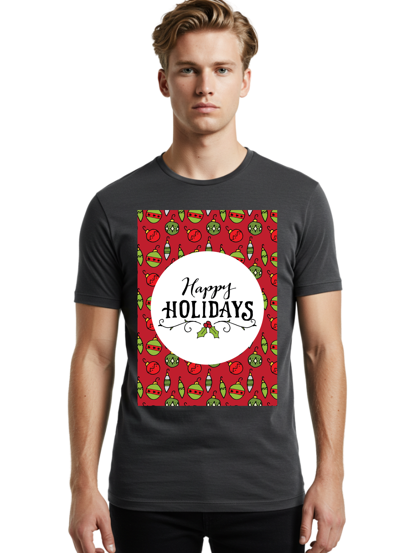 Happy-Holidays-7 Men'S Graphic Tee, 100% Cotton, Comfortable Casual Summer Wear, Machine Washable, Happy Holidays Greeting, Christmas Ornaments, Festive Decorations, Holiday Cheer, Red And Green Theme, Winter Season, Holiday Wishes, -  Aaa919 6