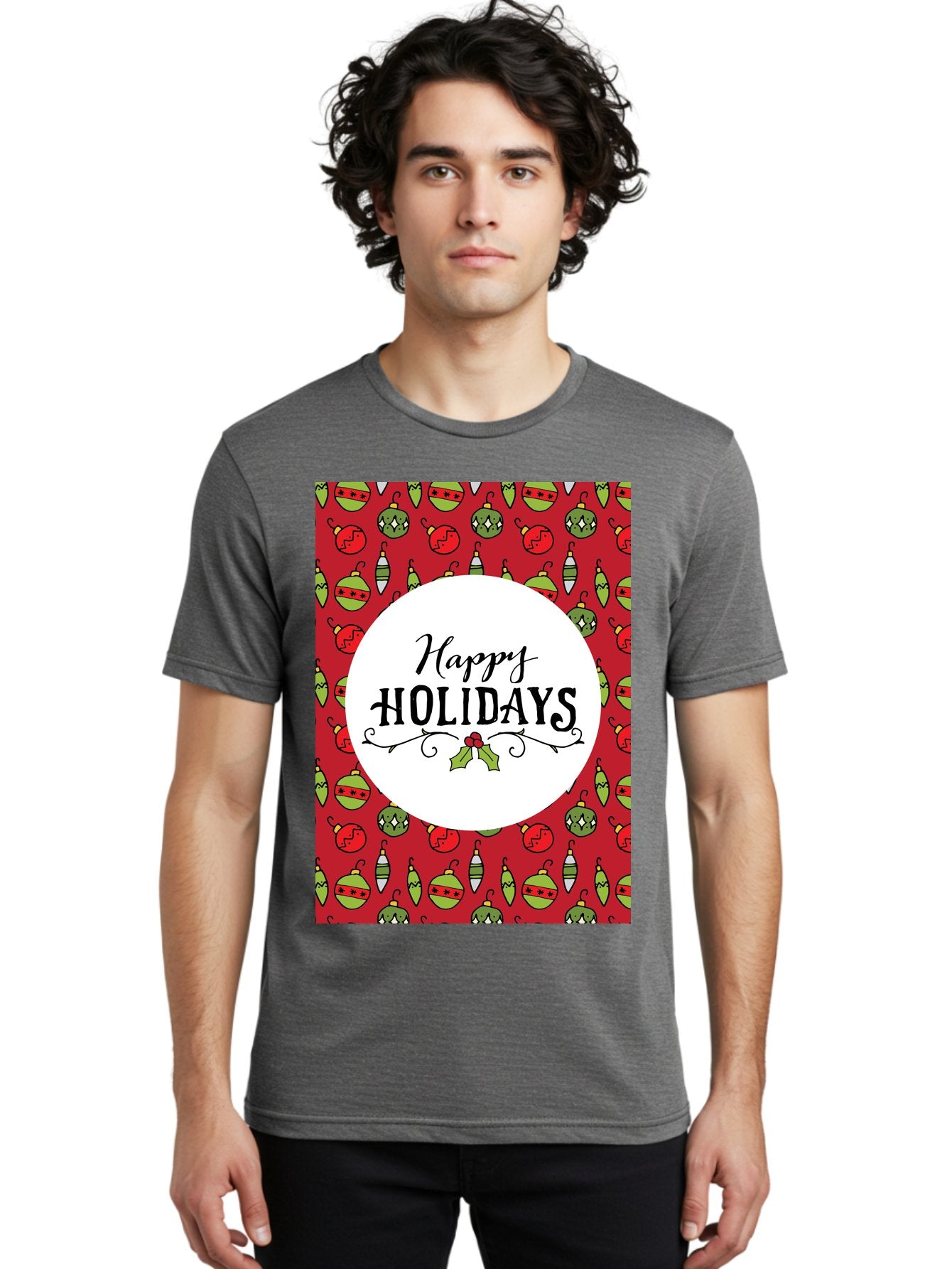 Happy-Holidays-7 Men'S Graphic Tee, 100% Cotton, Comfortable Casual Summer Wear, Machine Washable, Happy Holidays Greeting, Christmas Ornaments, Festive Decorations, Holiday Cheer, Red And Green Theme, Winter Season, Holiday Wishes, -  Aaa919 22