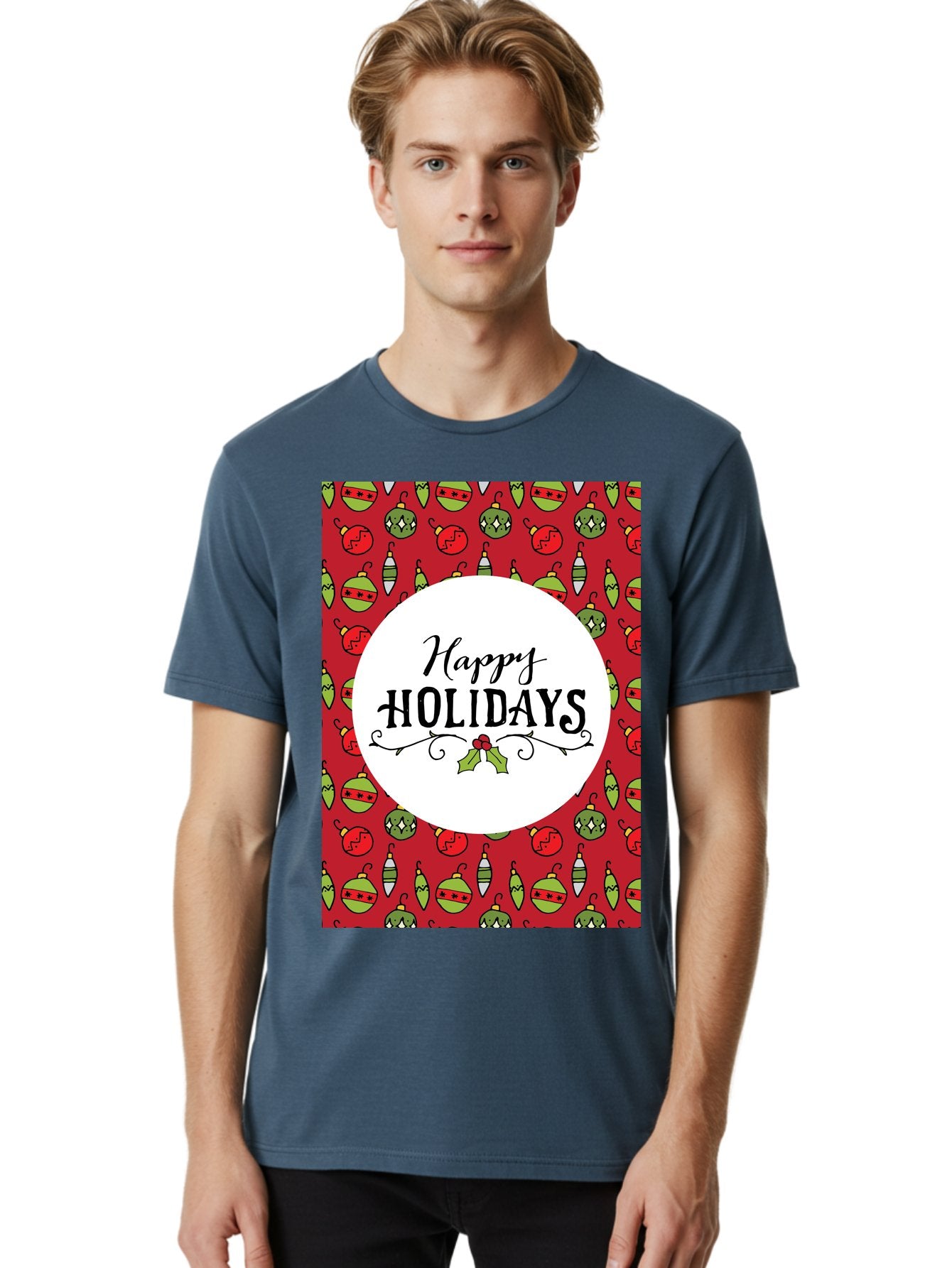 Happy-Holidays-7 Men'S Graphic Tee, 100% Cotton, Comfortable Casual Summer Wear, Machine Washable, Happy Holidays Greeting, Christmas Ornaments, Festive Decorations, Holiday Cheer, Red And Green Theme, Winter Season, Holiday Wishes, -  Aaa919 28