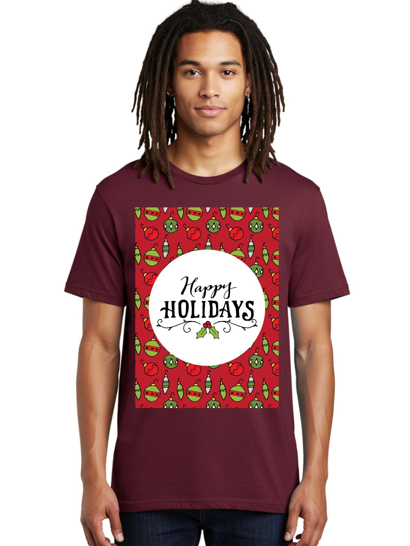 Happy-Holidays-7 Men'S Graphic Tee, 100% Cotton, Comfortable Casual Summer Wear, Machine Washable, Happy Holidays Greeting, Christmas Ornaments, Festive Decorations, Holiday Cheer, Red And Green Theme, Winter Season, Holiday Wishes, -  Aaa919 25