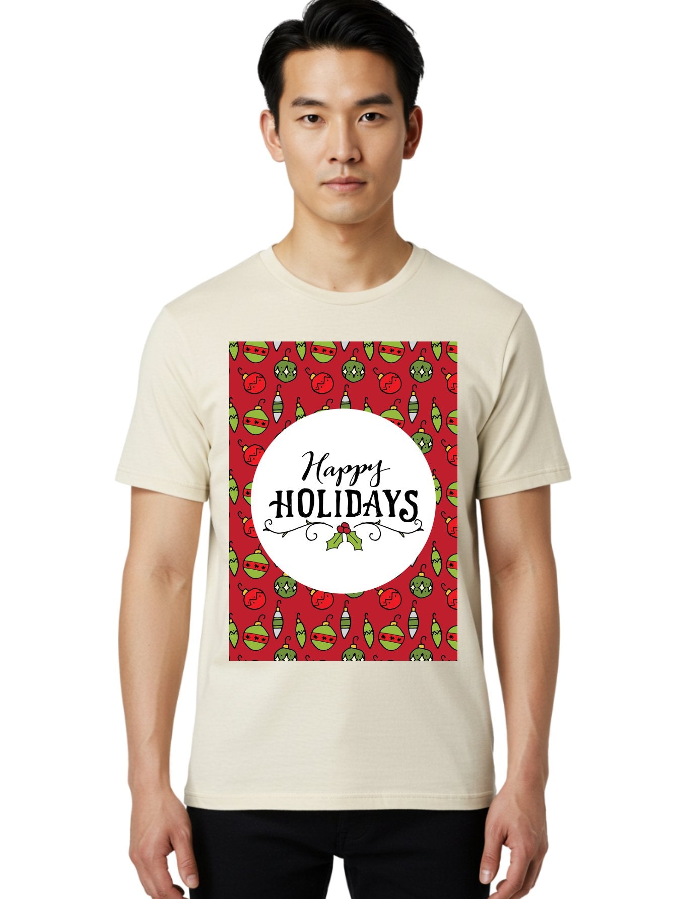 Happy-Holidays-7 Men'S Graphic Tee, 100% Cotton, Comfortable Casual Summer Wear, Machine Washable, Happy Holidays Greeting, Christmas Ornaments, Festive Decorations, Holiday Cheer, Red And Green Theme, Winter Season, Holiday Wishes, -  Aaa919 16