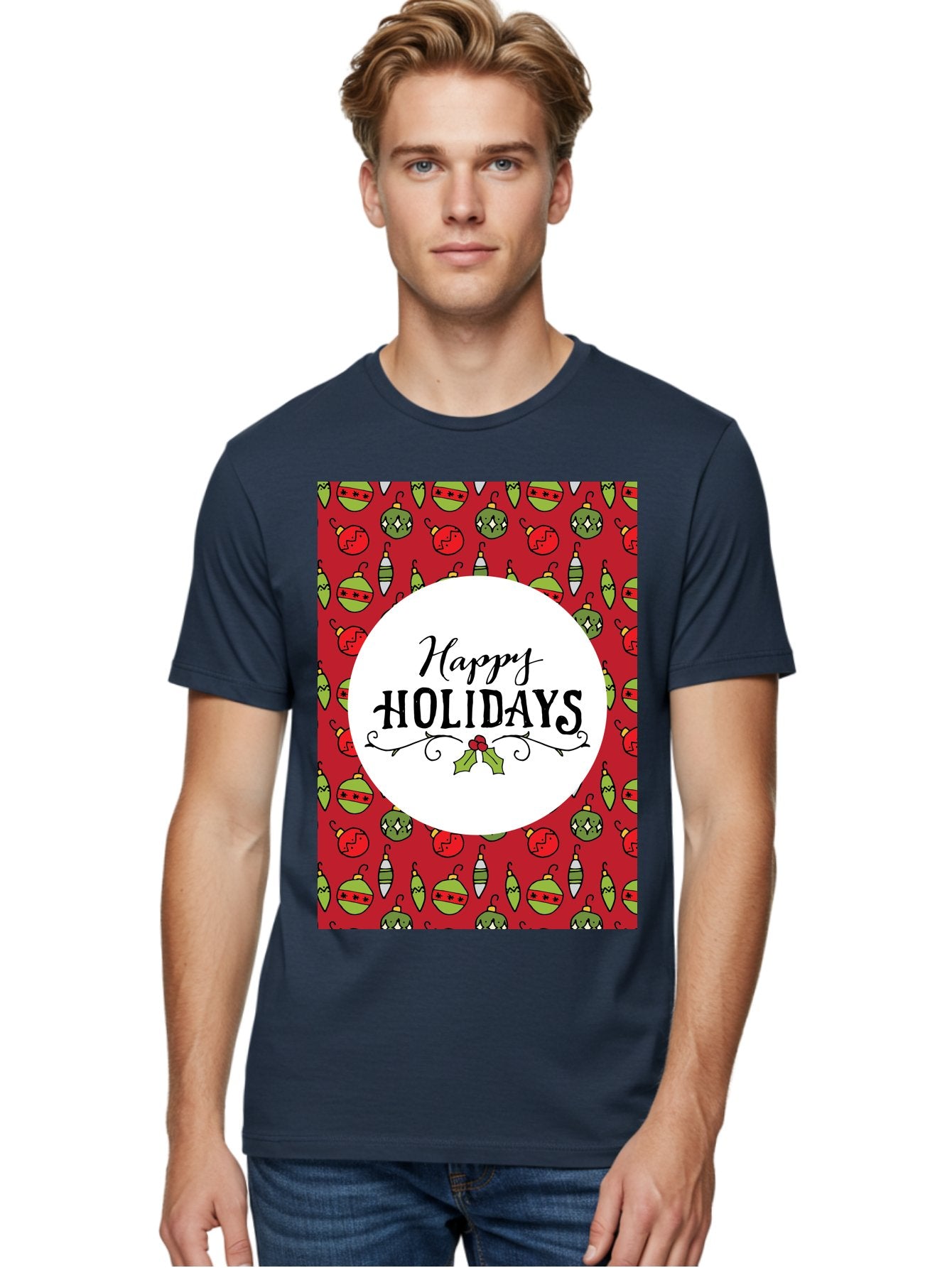 Happy-Holidays-7 Men'S Graphic Tee, 100% Cotton, Comfortable Casual Summer Wear, Machine Washable, Happy Holidays Greeting, Christmas Ornaments, Festive Decorations, Holiday Cheer, Red And Green Theme, Winter Season, Holiday Wishes, -  Aaa919 21