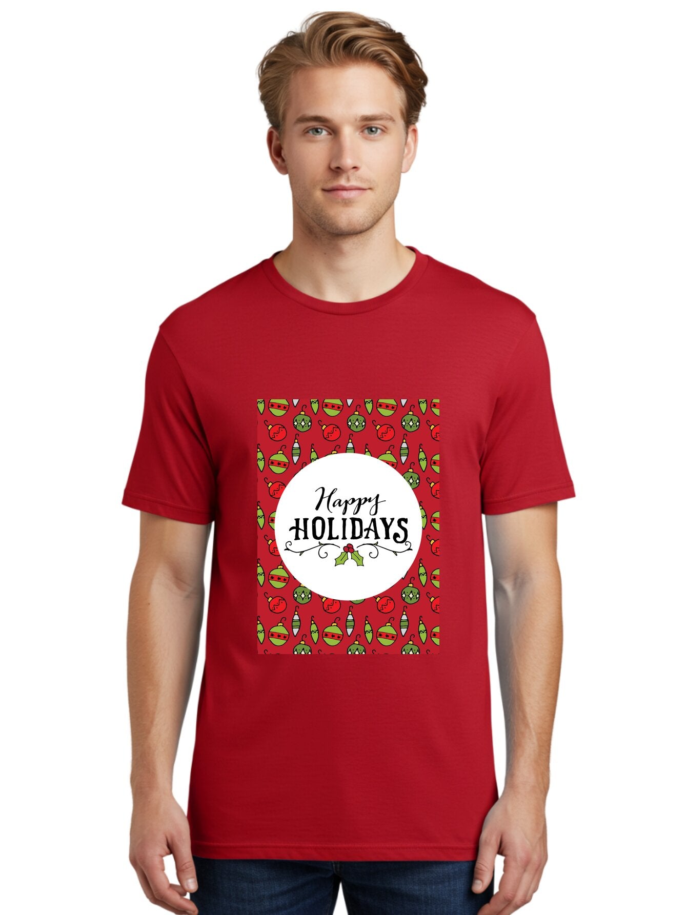 Happy-Holidays-7 Men'S Graphic Tee, 100% Cotton, Comfortable Casual Summer Wear, Machine Washable, Happy Holidays Greeting, Christmas Ornaments, Festive Decorations, Holiday Cheer, Red And Green Theme, Winter Season, Holiday Wishes, -  Aaa919 24