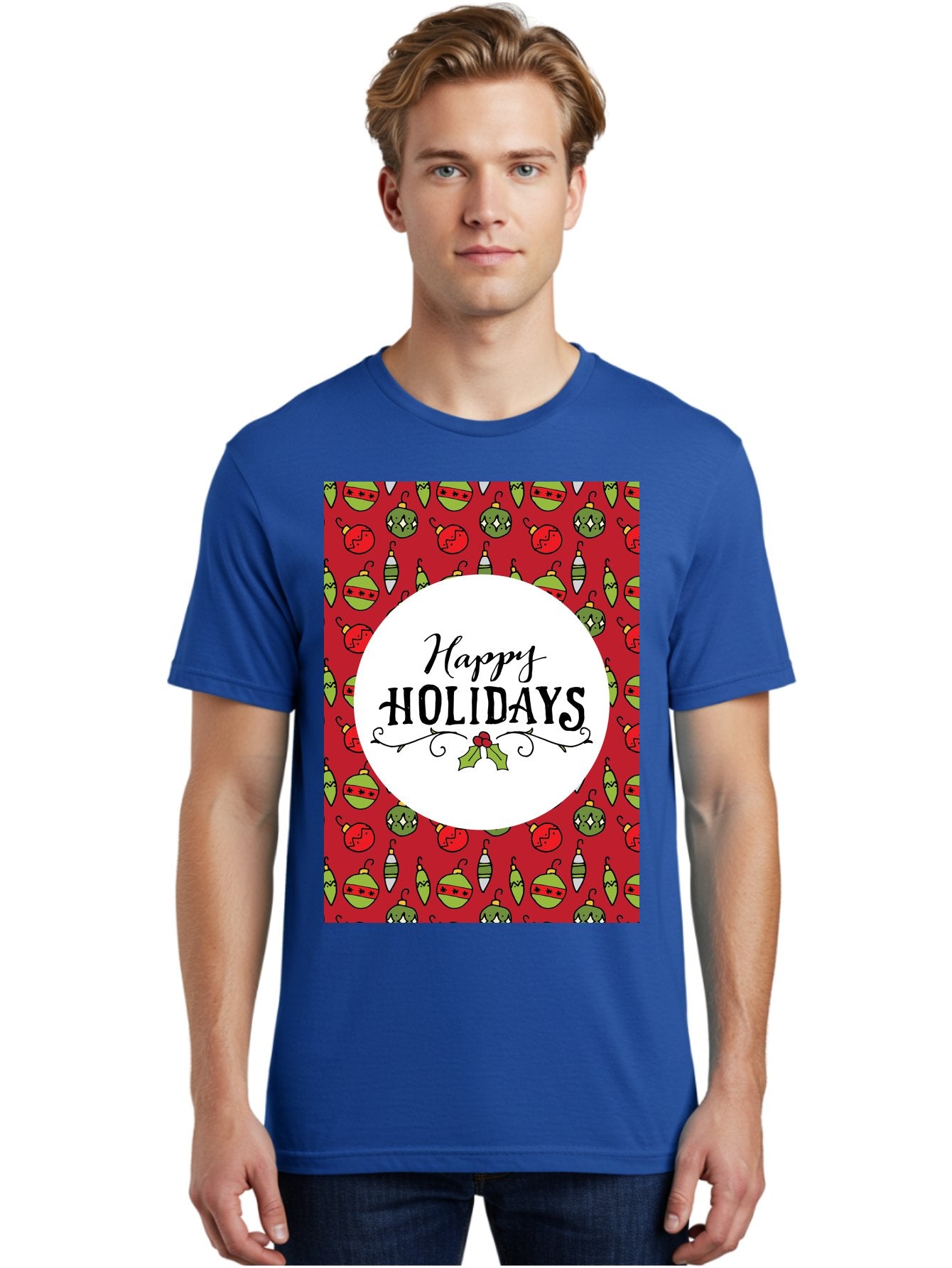 Happy-Holidays-7 Men'S Graphic Tee, 100% Cotton, Comfortable Casual Summer Wear, Machine Washable, Happy Holidays Greeting, Christmas Ornaments, Festive Decorations, Holiday Cheer, Red And Green Theme, Winter Season, Holiday Wishes, -  Aaa919 23