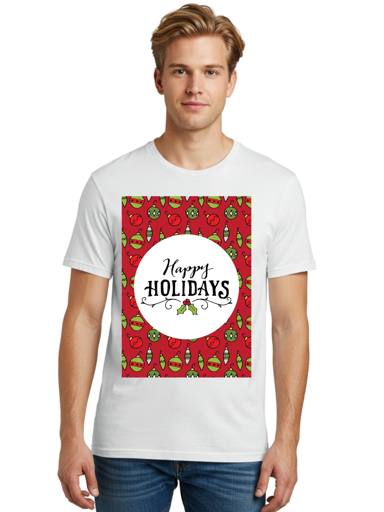 Happy-Holidays-7 Men'S Graphic Tee, 100% Cotton, Comfortable Casual Summer Wear, Machine Washable, Happy Holidays Greeting, Christmas Ornaments, Festive Decorations, Holiday Cheer, Red And Green Theme, Winter Season, Holiday Wishes, -  Aaa919 29