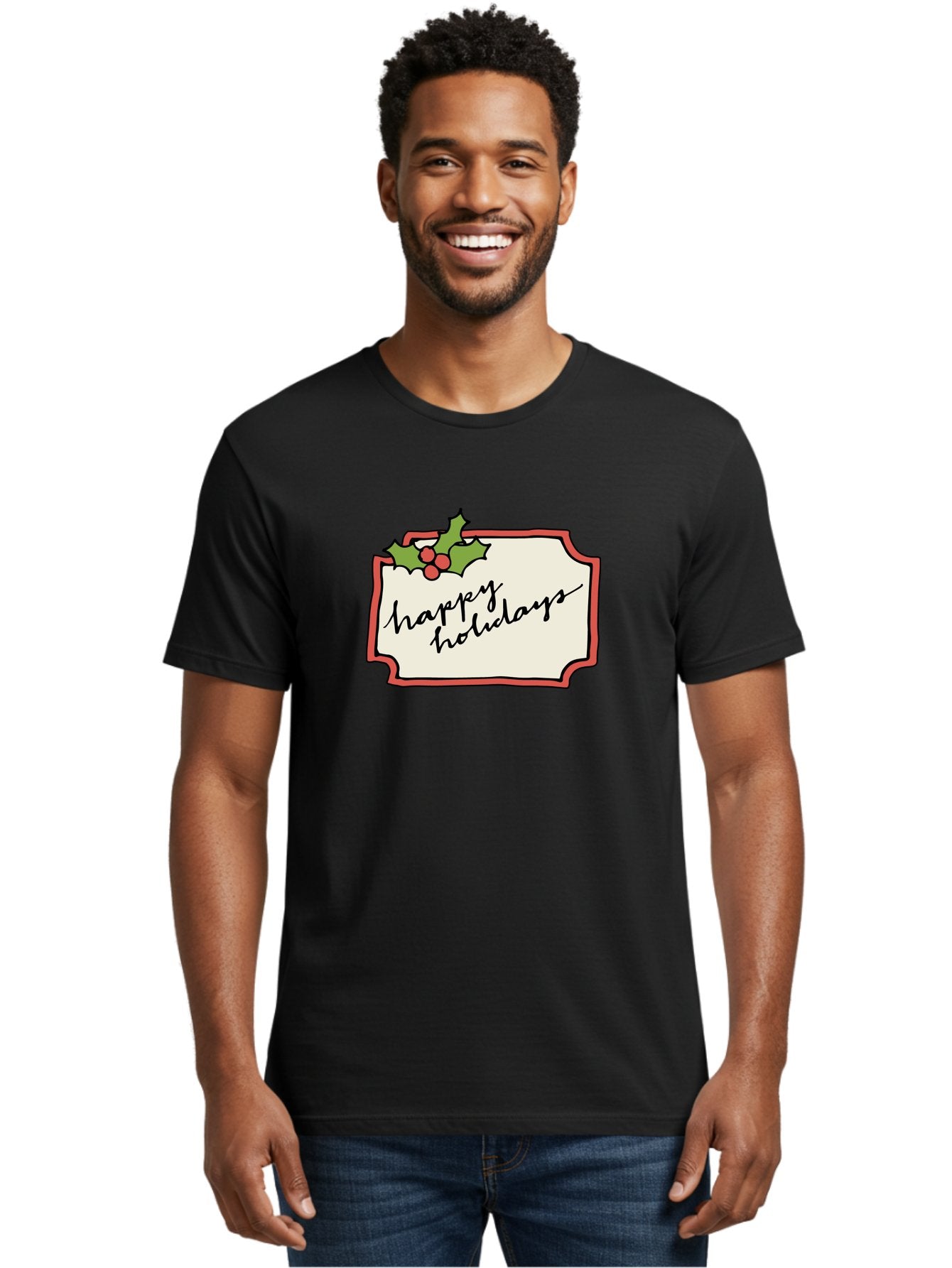 Happy-Holidays Men'S Graphic Tee, 100% Cotton, Comfortable Casual Summer Wear, Machine Washable, Happy Holidays, Festive Season, Holiday Cheer, Red Berries, Holly Leaves, Greeting Card, Celebration, Winter Wonderland, Joyous Occasion, -  Aaa921 18