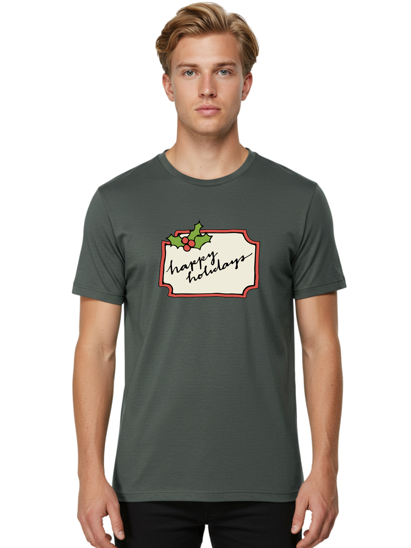 Happy-Holidays Men'S Graphic Tee, 100% Cotton, Comfortable Casual Summer Wear, Machine Washable, Happy Holidays, Festive Season, Holiday Cheer, Red Berries, Holly Leaves, Greeting Card, Celebration, Winter Wonderland, Joyous Occasion, -  Aaa921 4