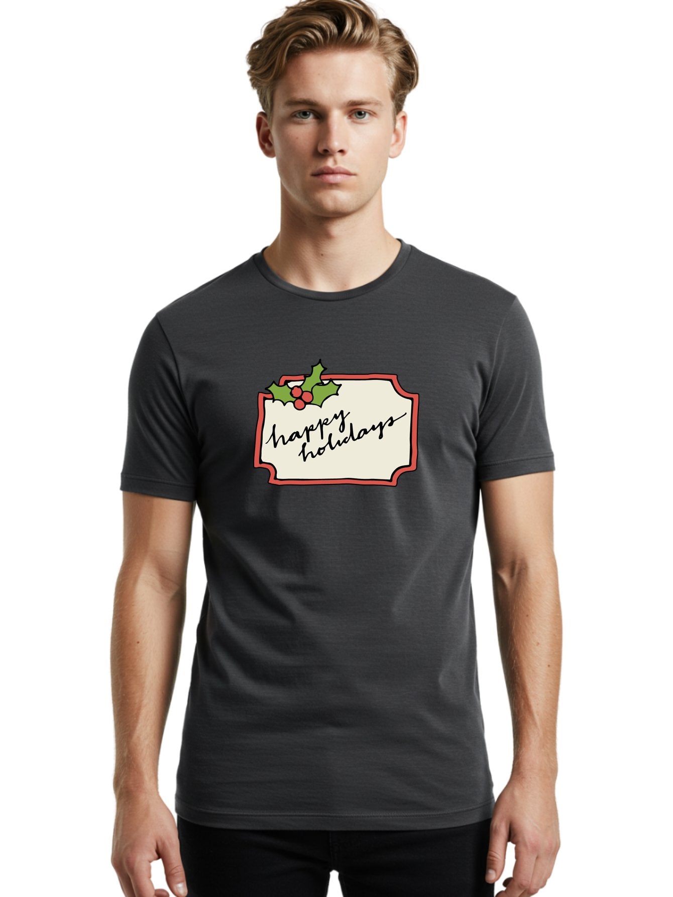 Happy-Holidays Men'S Graphic Tee, 100% Cotton, Comfortable Casual Summer Wear, Machine Washable, Happy Holidays, Festive Season, Holiday Cheer, Red Berries, Holly Leaves, Greeting Card, Celebration, Winter Wonderland, Joyous Occasion, -  Aaa921 30
