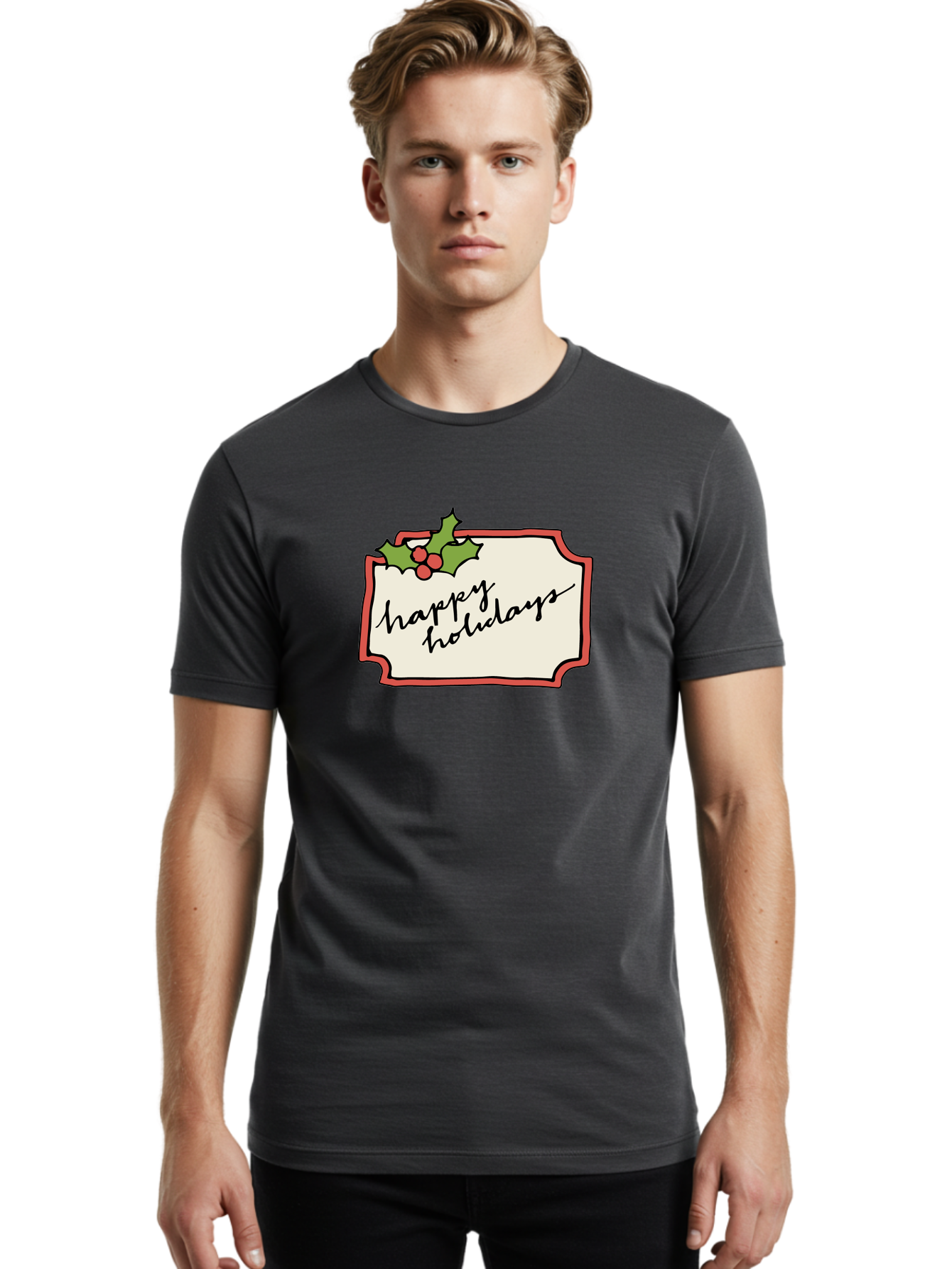 Happy-Holidays Men'S Graphic Tee, 100% Cotton, Comfortable Casual Summer Wear, Machine Washable, Happy Holidays, Festive Season, Holiday Cheer, Red Berries, Holly Leaves, Greeting Card, Celebration, Winter Wonderland, Joyous Occasion, -  Aaa921 8