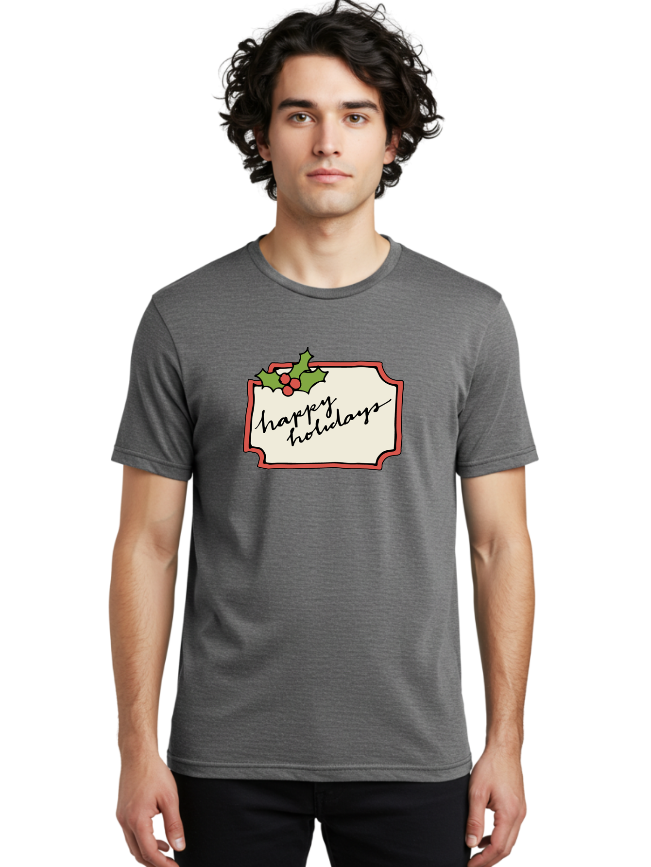 Happy-Holidays Men'S Graphic Tee, 100% Cotton, Comfortable Casual Summer Wear, Machine Washable, Happy Holidays, Festive Season, Holiday Cheer, Red Berries, Holly Leaves, Greeting Card, Celebration, Winter Wonderland, Joyous Occasion, -  Aaa921 10