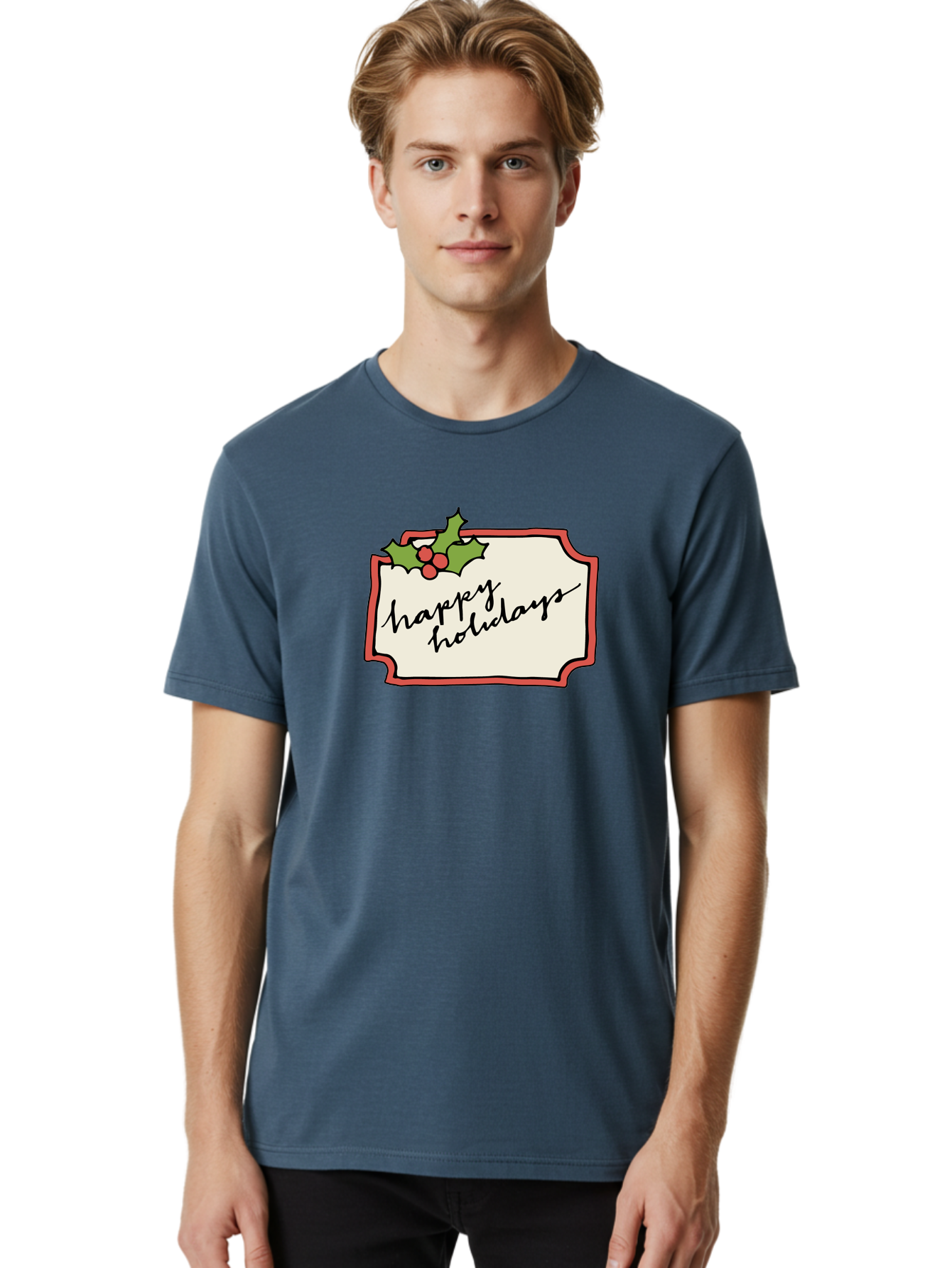 Happy-Holidays Men'S Graphic Tee, 100% Cotton, Comfortable Casual Summer Wear, Machine Washable, Happy Holidays, Festive Season, Holiday Cheer, Red Berries, Holly Leaves, Greeting Card, Celebration, Winter Wonderland, Joyous Occasion, -  Aaa921 12