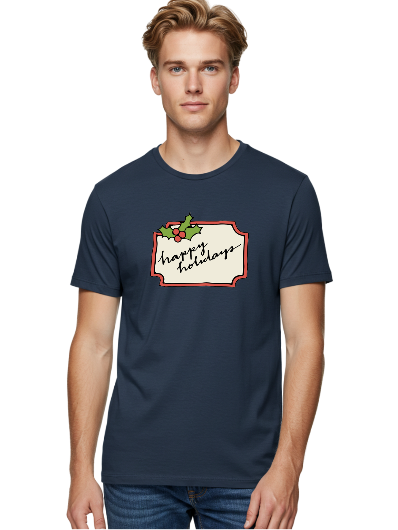 Happy-Holidays Men'S Graphic Tee, 100% Cotton, Comfortable Casual Summer Wear, Machine Washable, Happy Holidays, Festive Season, Holiday Cheer, Red Berries, Holly Leaves, Greeting Card, Celebration, Winter Wonderland, Joyous Occasion, -  Aaa921 20