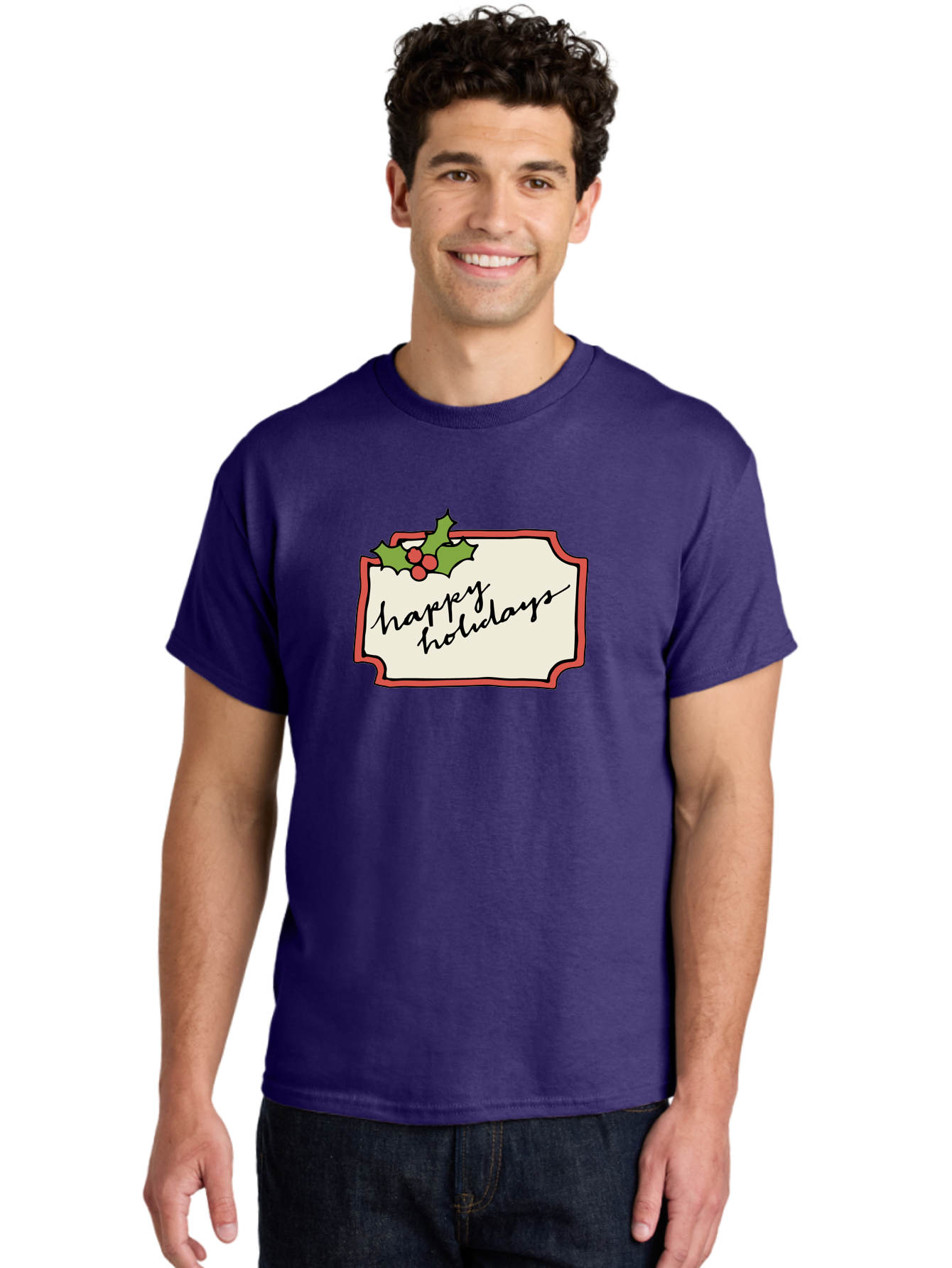 Happy-Holidays Men'S Graphic Tee, 100% Cotton, Comfortable Casual Summer Wear, Machine Washable, Happy Holidays, Festive Season, Holiday Cheer, Red Berries, Holly Leaves, Greeting Card, Celebration, Winter Wonderland, Joyous Occasion, -  Aaa921 22