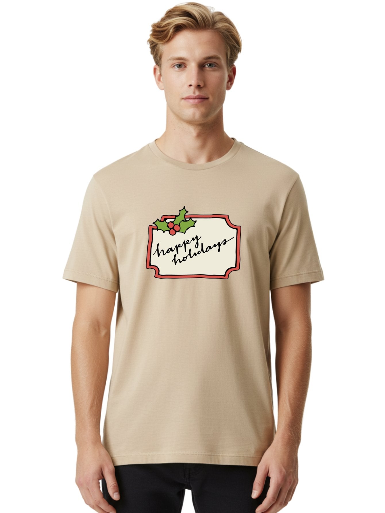 Happy-Holidays Men'S Graphic Tee, 100% Cotton, Comfortable Casual Summer Wear, Machine Washable, Happy Holidays, Festive Season, Holiday Cheer, Red Berries, Holly Leaves, Greeting Card, Celebration, Winter Wonderland, Joyous Occasion, -  Aaa921 26