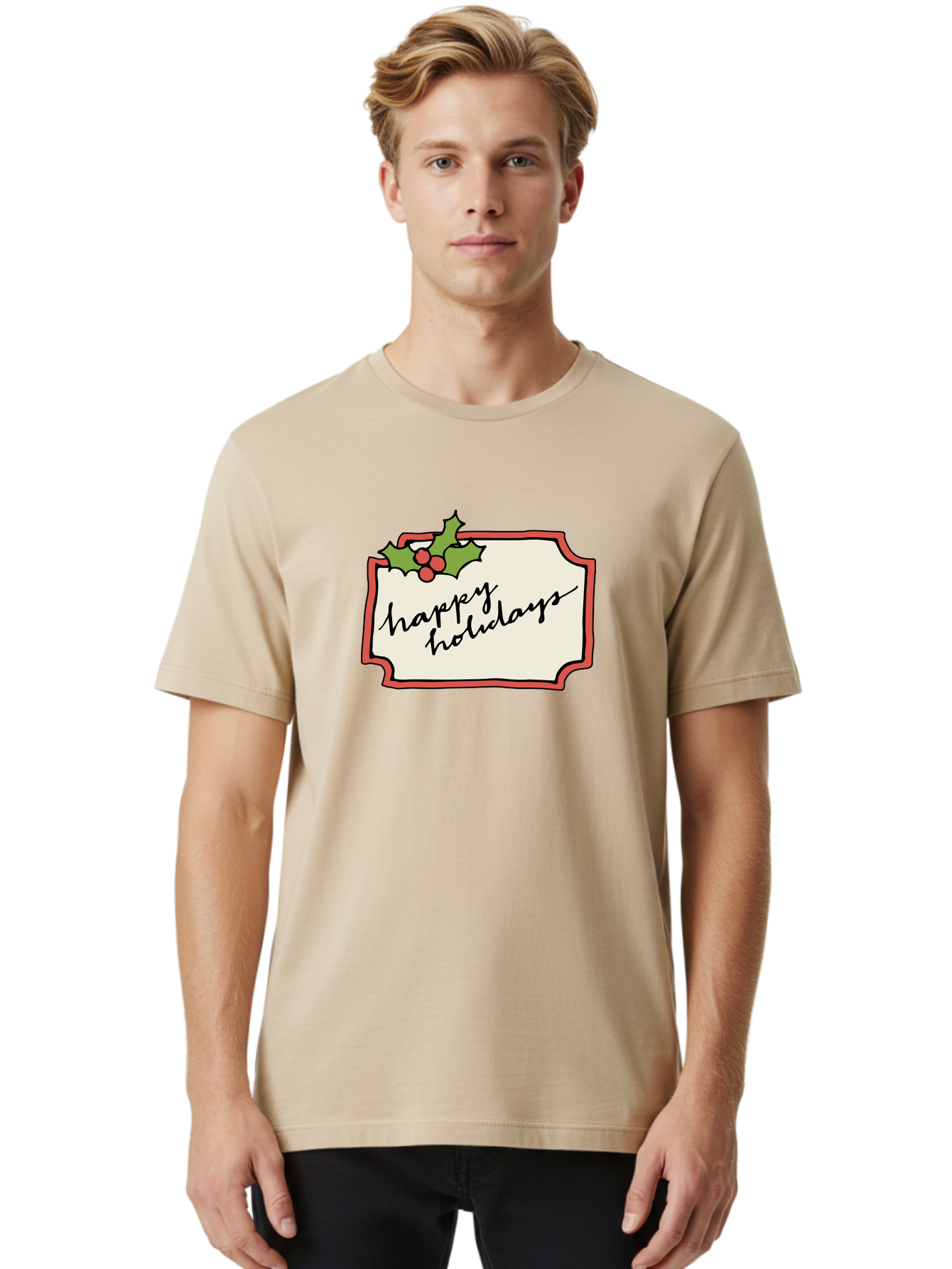 Happy-Holidays Men'S Graphic Tee, 100% Cotton, Comfortable Casual Summer Wear, Machine Washable, Happy Holidays, Festive Season, Holiday Cheer, Red Berries, Holly Leaves, Greeting Card, Celebration, Winter Wonderland, Joyous Occasion, -  Aaa921 28