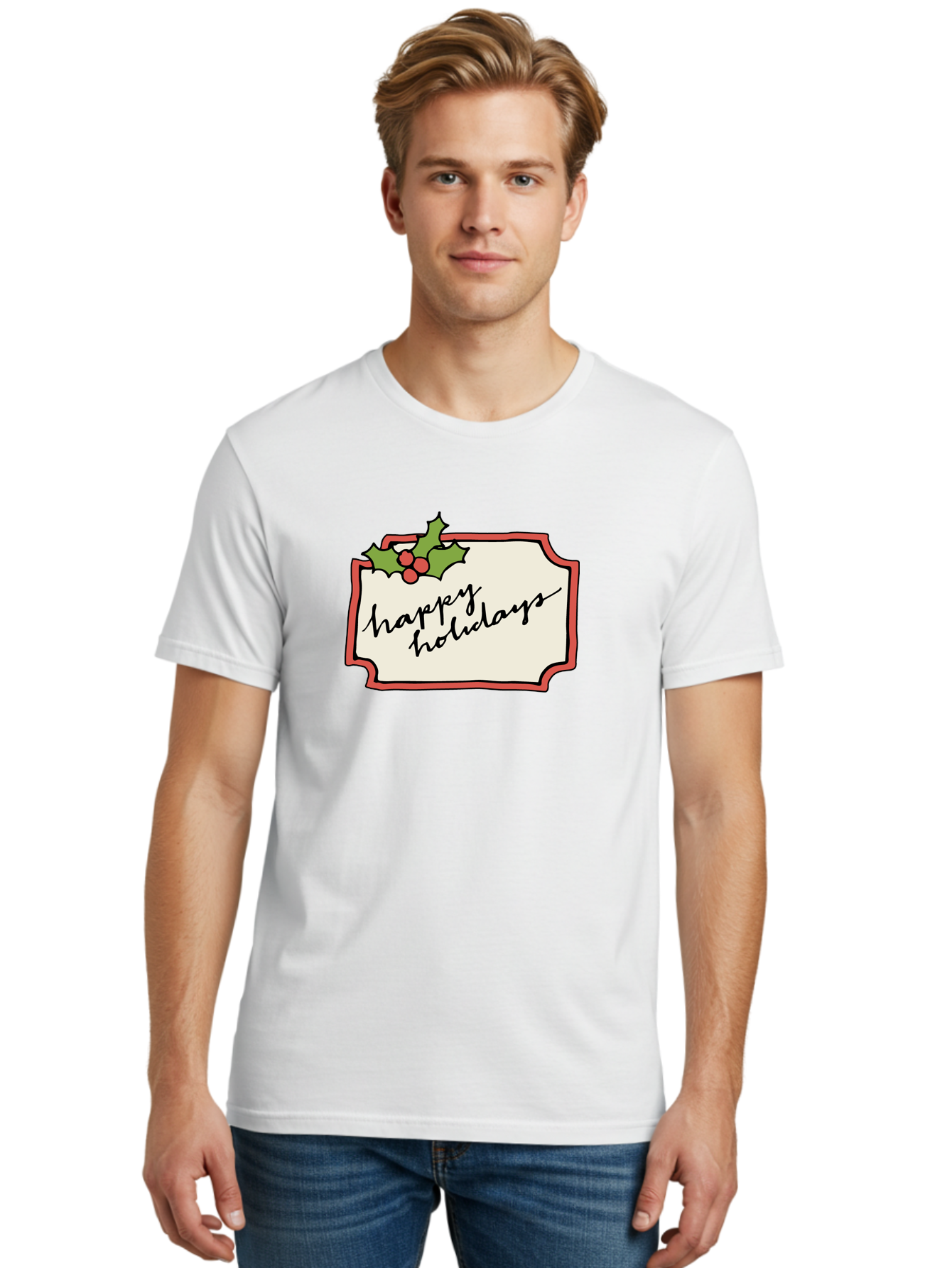 Happy-Holidays Men'S Graphic Tee, 100% Cotton, Comfortable Casual Summer Wear, Machine Washable, Happy Holidays, Festive Season, Holiday Cheer, Red Berries, Holly Leaves, Greeting Card, Celebration, Winter Wonderland, Joyous Occasion, -  Aaa921 30