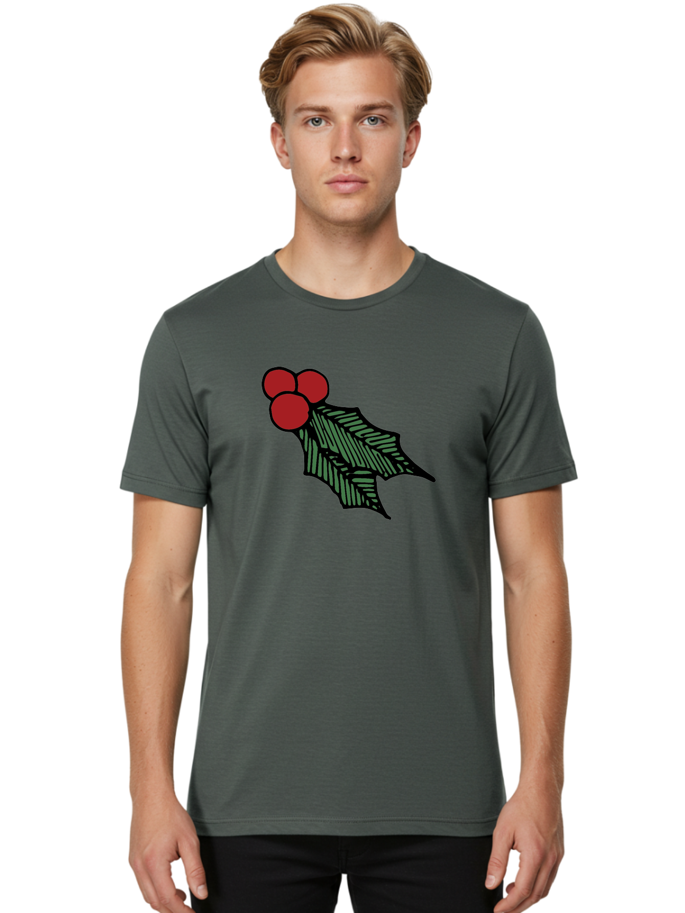 Holly-Leaf-With-Berries Men'S Graphic Tee, 100% Cotton, Comfortable Casual Summer Wear, Machine Washable, Holiday Decor, Festive Illustration, Christmas Symbolism, Holly Leaves, Red Berries, Winter Decoration, Seasonal Graphics -  Aaa933 6