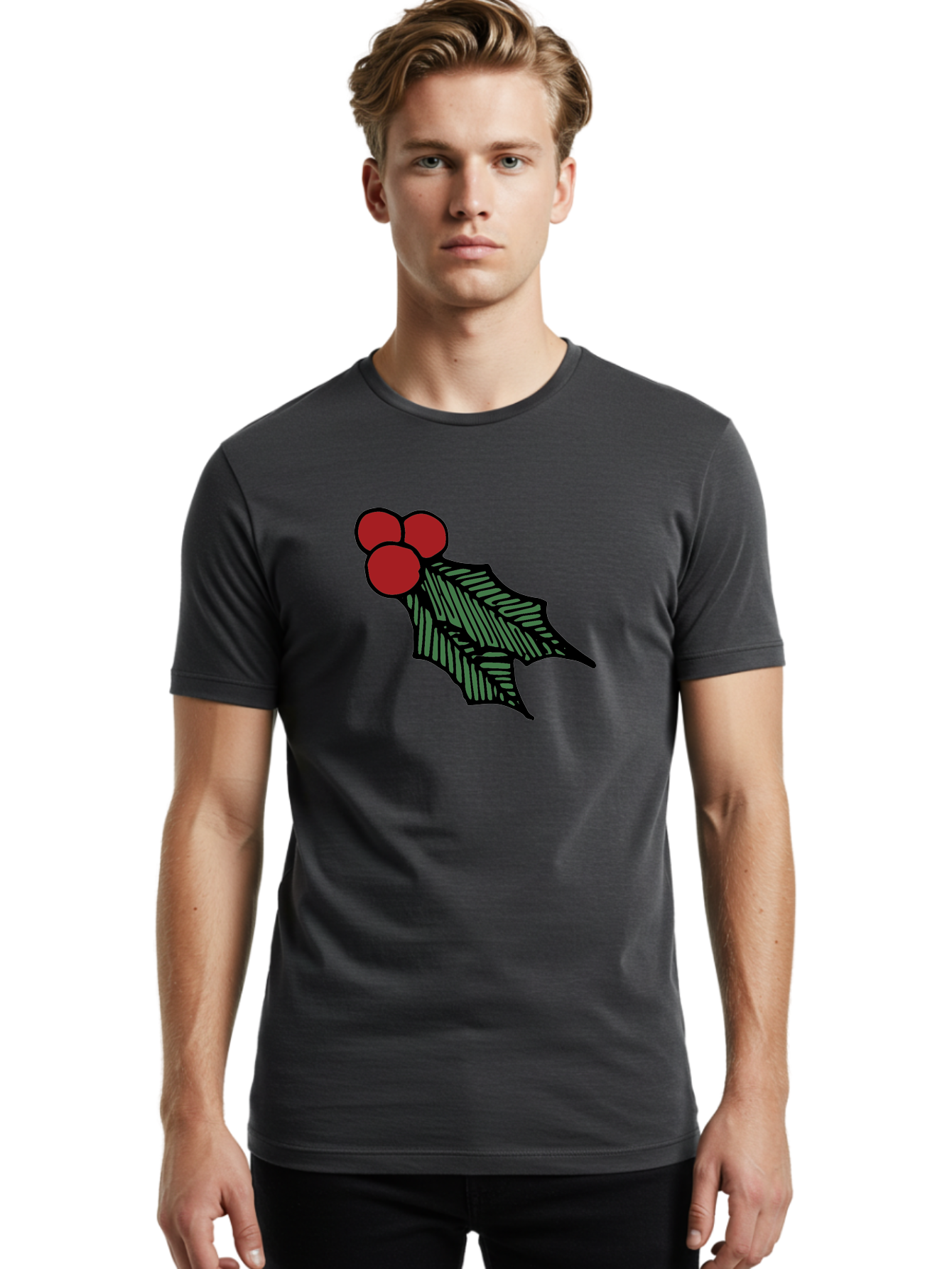 Holly-Leaf-With-Berries Men'S Graphic Tee, 100% Cotton, Comfortable Casual Summer Wear, Machine Washable, Holiday Decor, Festive Illustration, Christmas Symbolism, Holly Leaves, Red Berries, Winter Decoration, Seasonal Graphics -  Aaa933 4