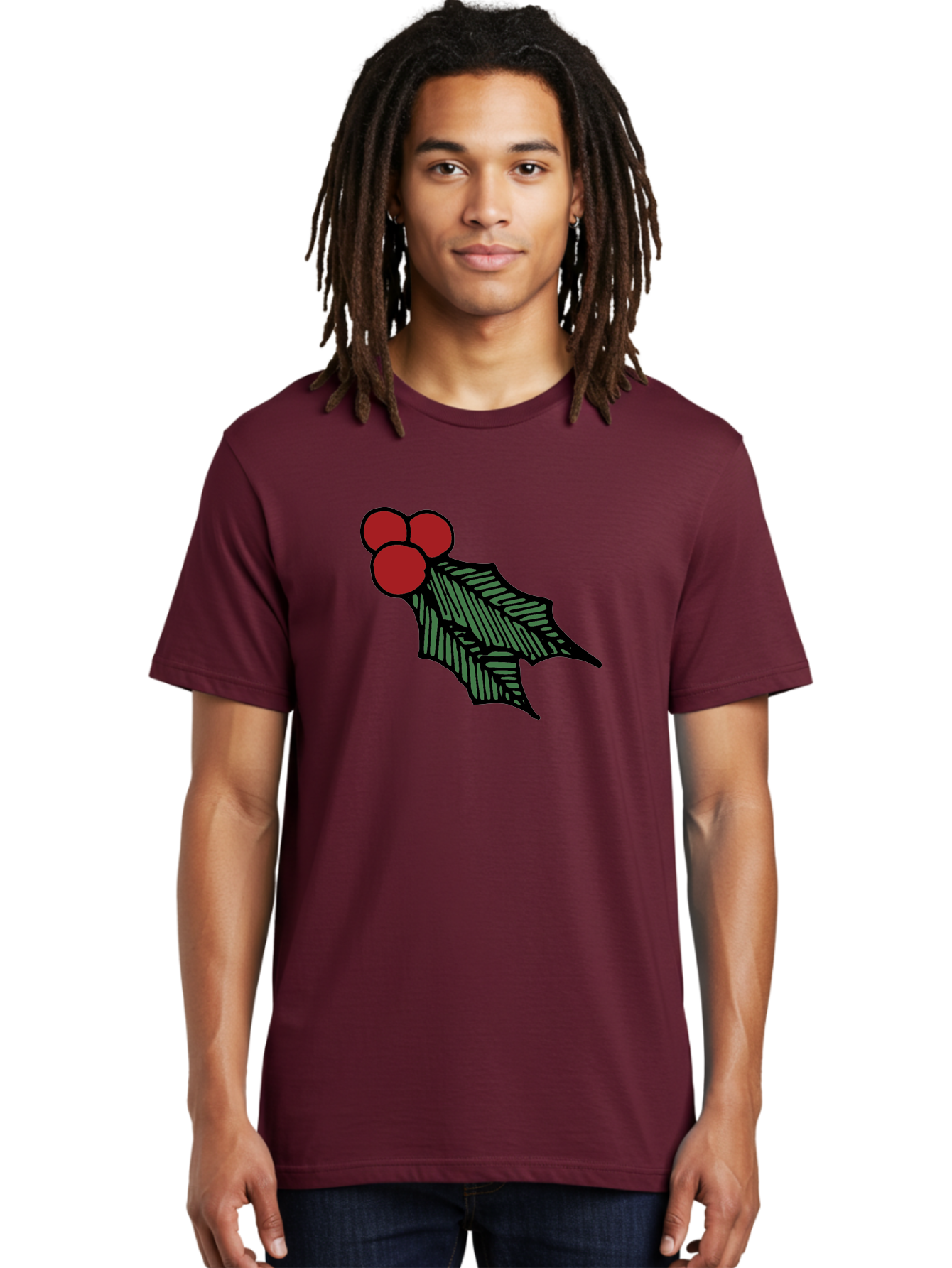 Holly-Leaf-With-Berries Men'S Graphic Tee, 100% Cotton, Comfortable Casual Summer Wear, Machine Washable, Holiday Decor, Festive Illustration, Christmas Symbolism, Holly Leaves, Red Berries, Winter Decoration, Seasonal Graphics -  Aaa933 12