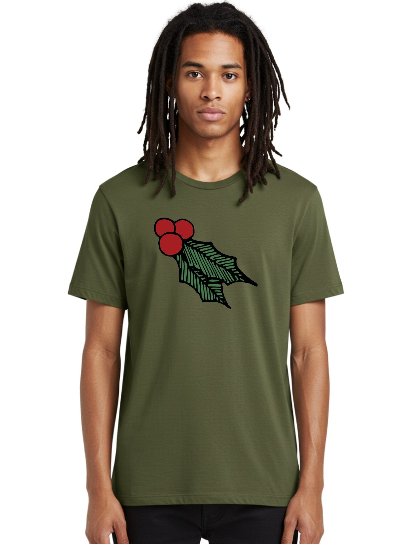 Holly-Leaf-With-Berries Men'S Graphic Tee, 100% Cotton, Comfortable Casual Summer Wear, Machine Washable, Holiday Decor, Festive Illustration, Christmas Symbolism, Holly Leaves, Red Berries, Winter Decoration, Seasonal Graphics -  Aaa933 25