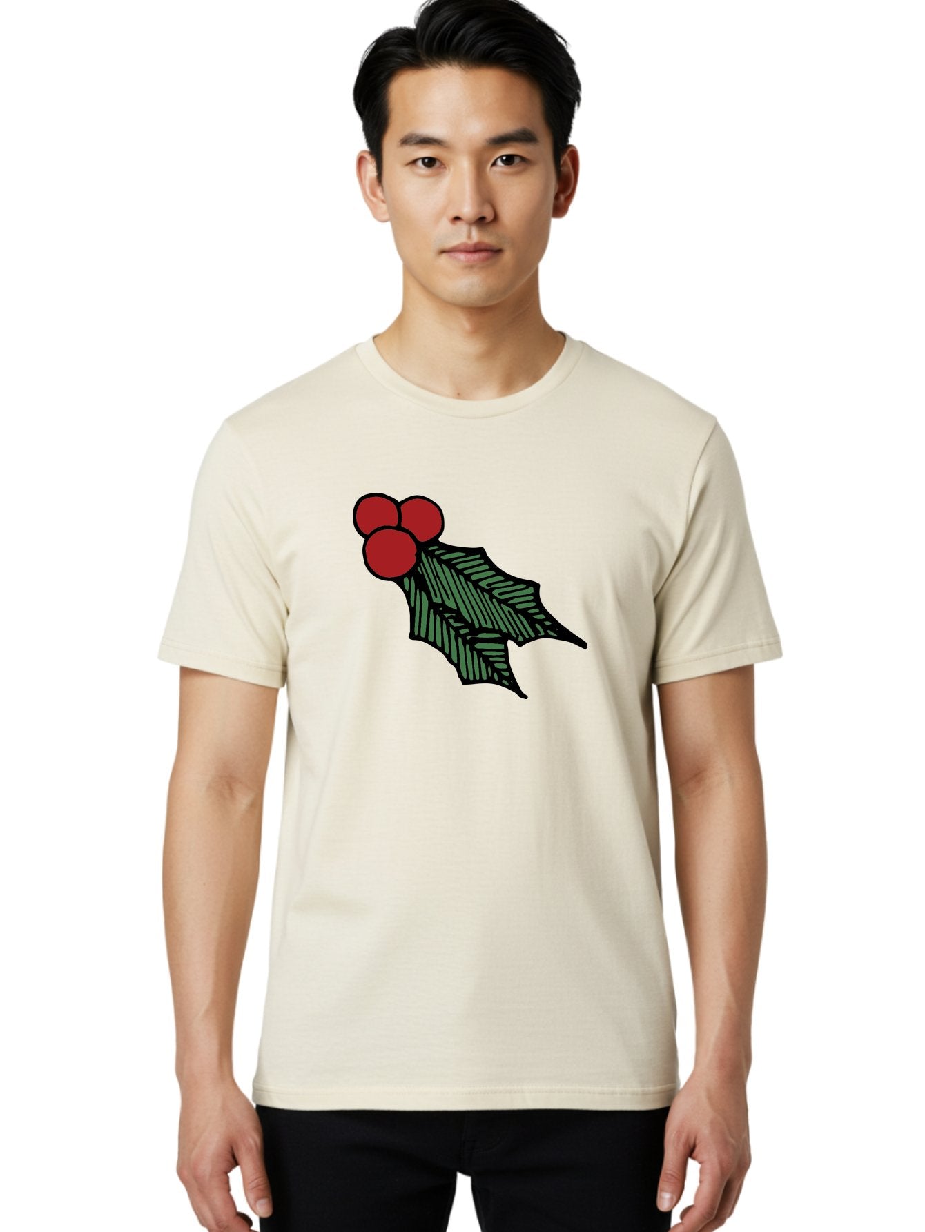 Holly-Leaf-With-Berries Men'S Graphic Tee, 100% Cotton, Comfortable Casual Summer Wear, Machine Washable, Holiday Decor, Festive Illustration, Christmas Symbolism, Holly Leaves, Red Berries, Winter Decoration, Seasonal Graphics -  Aaa933 26