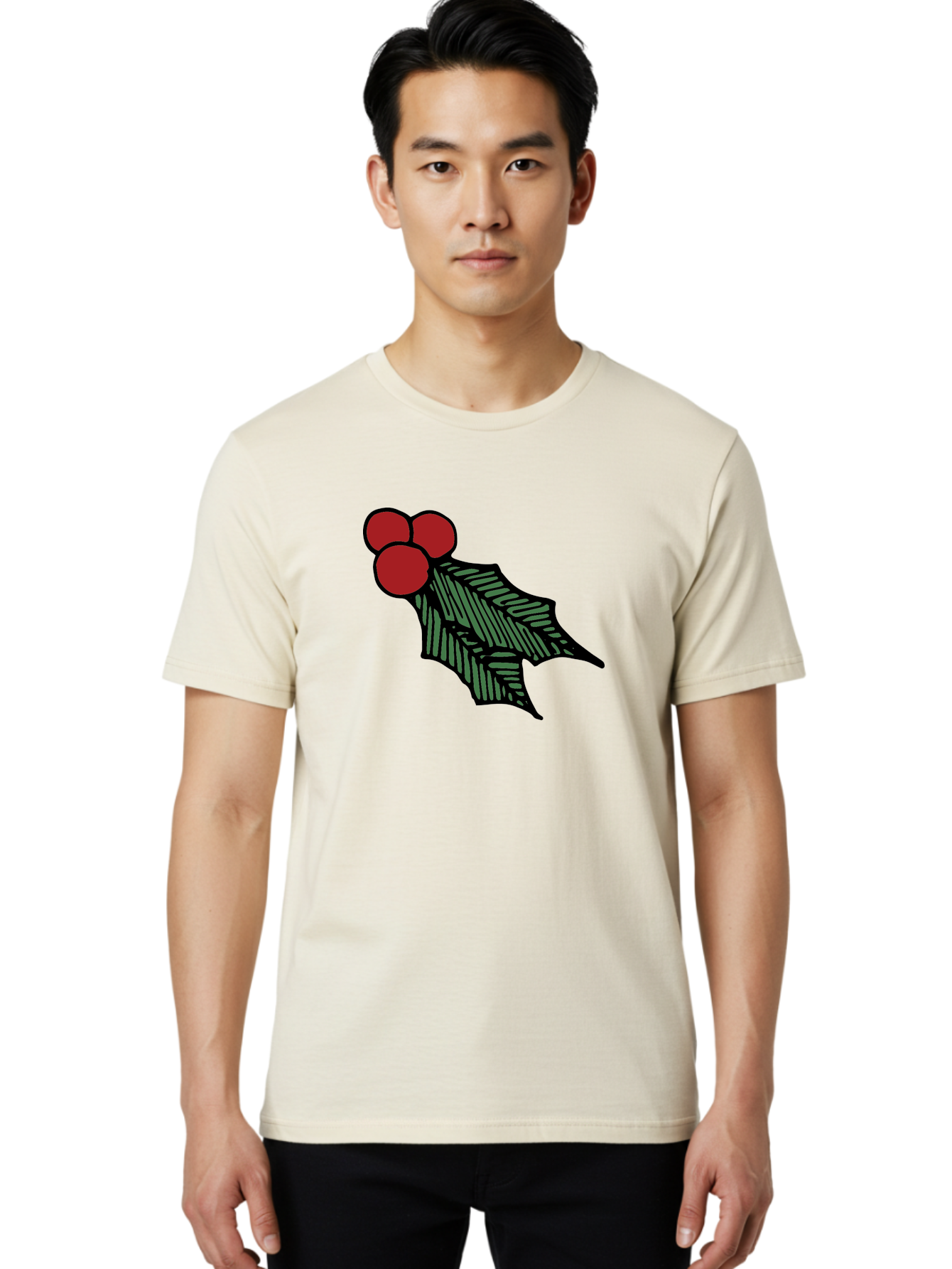 Holly-Leaf-With-Berries Men'S Graphic Tee, 100% Cotton, Comfortable Casual Summer Wear, Machine Washable, Holiday Decor, Festive Illustration, Christmas Symbolism, Holly Leaves, Red Berries, Winter Decoration, Seasonal Graphics -  Aaa933 22