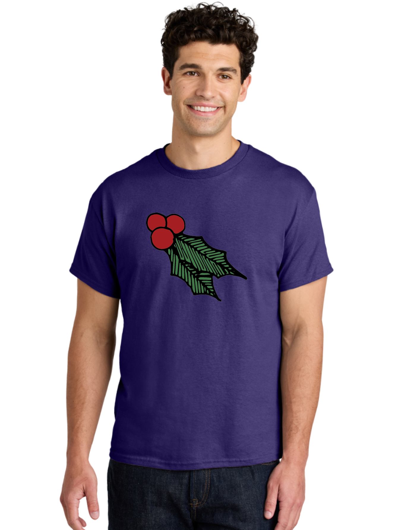Holly-Leaf-With-Berries Men'S Graphic Tee, 100% Cotton, Comfortable Casual Summer Wear, Machine Washable, Holiday Decor, Festive Illustration, Christmas Symbolism, Holly Leaves, Red Berries, Winter Decoration, Seasonal Graphics -  Aaa933 26