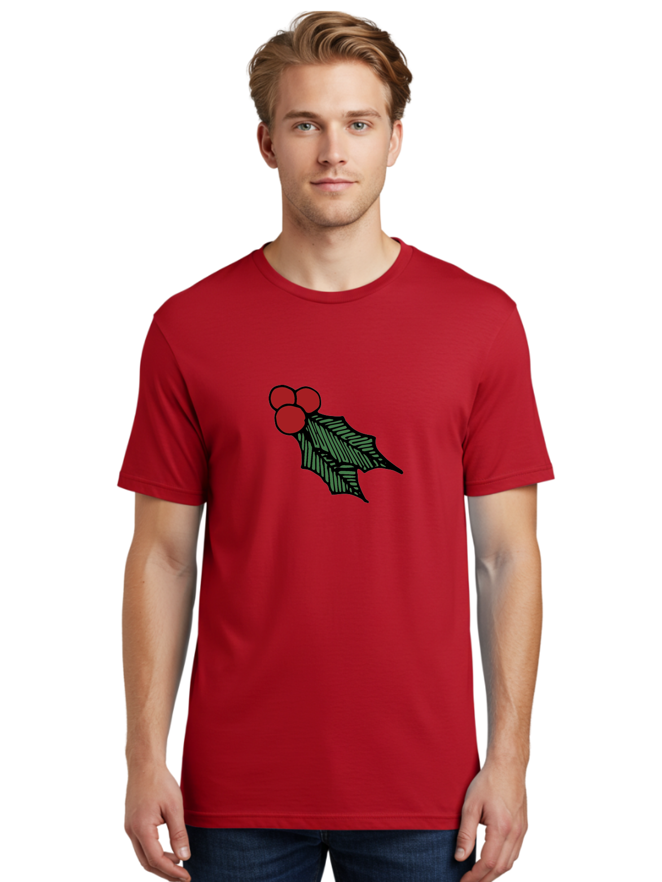 Holly-Leaf-With-Berries Men'S Graphic Tee, 100% Cotton, Comfortable Casual Summer Wear, Machine Washable, Holiday Decor, Festive Illustration, Christmas Symbolism, Holly Leaves, Red Berries, Winter Decoration, Seasonal Graphics -  Aaa933 8