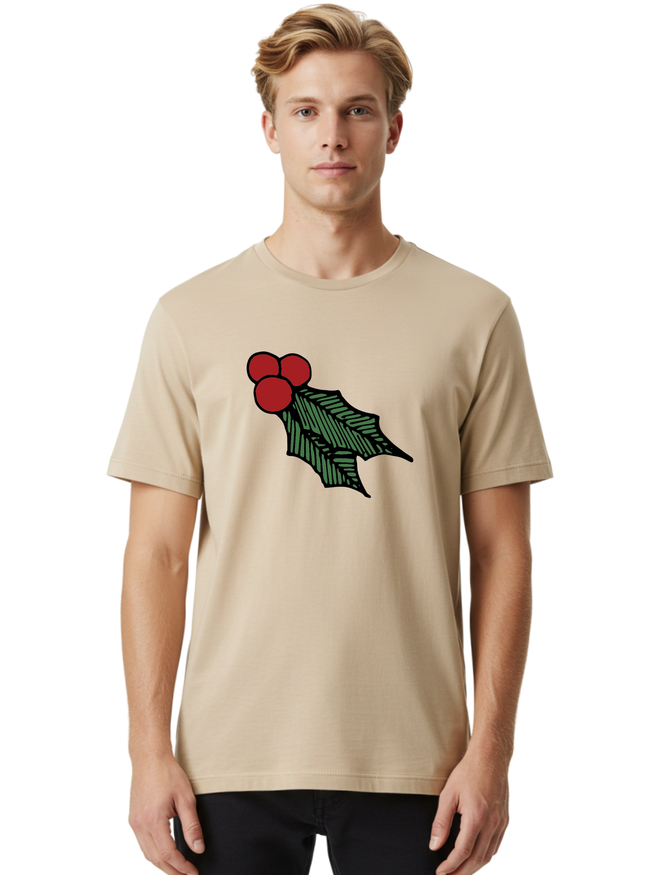 Holly-Leaf-With-Berries Men'S Graphic Tee, 100% Cotton, Comfortable Casual Summer Wear, Machine Washable, Holiday Decor, Festive Illustration, Christmas Symbolism, Holly Leaves, Red Berries, Winter Decoration, Seasonal Graphics -  Aaa933