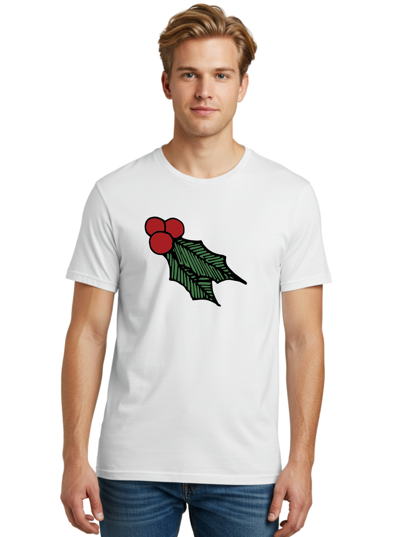 Holly-Leaf-With-Berries Men'S Graphic Tee, 100% Cotton, Comfortable Casual Summer Wear, Machine Washable, Holiday Decor, Festive Illustration, Christmas Symbolism, Holly Leaves, Red Berries, Winter Decoration, Seasonal Graphics -  Aaa933 14