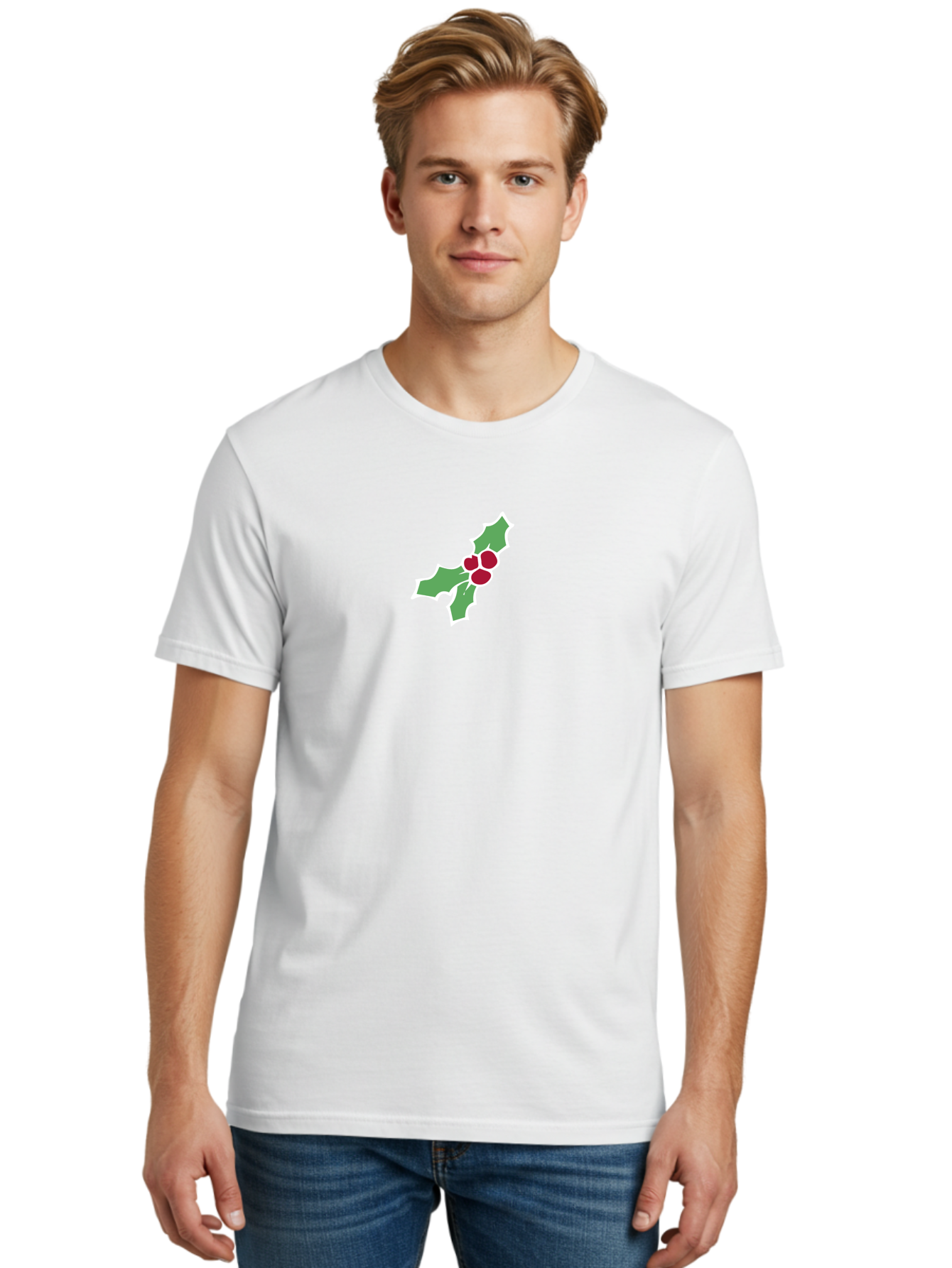 Holly-Leaves-And-Berries Men'S Graphic Tee, 100% Cotton, Comfortable Casual Summer Wear, Machine Washable, Holly Leaves, Red Berries, Festive Greenery, Christmas Decoration, Winter Symbol, Holiday Icon, Seasonal Motif, Festive Holiday Decor -  Aaa935