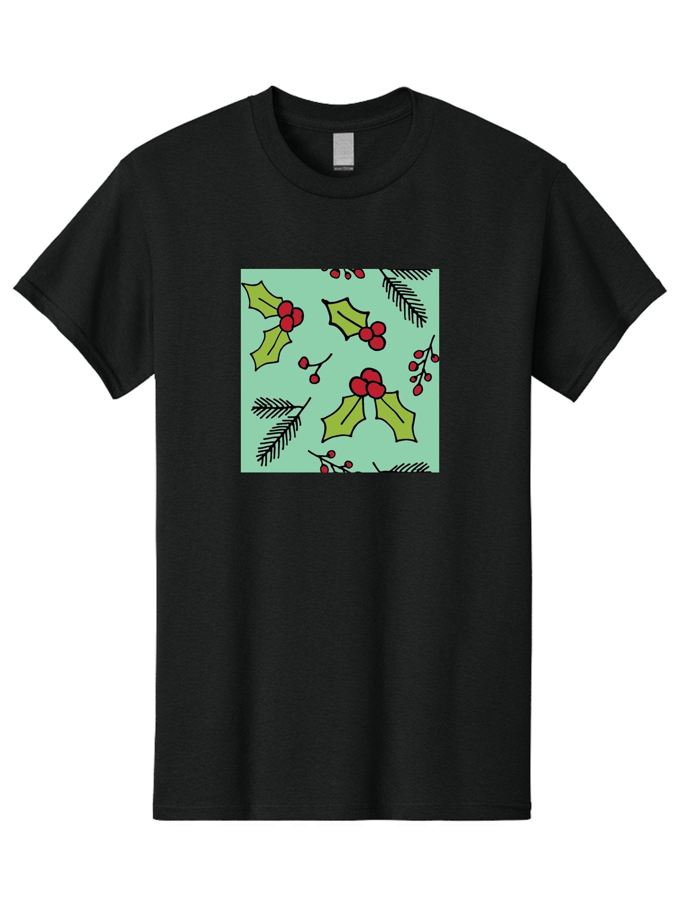 Holly-Pattern Men'S Graphic Tee, 100% Cotton, Comfortable Casual Summer Wear, Machine Washable, Holly Leaves, Red Berries, Festive Pattern, Christmas Decor, Winter Theme, Seasonal Design, Holiday Illustration, Green Leaves, Black Outlines -  Aaa937 5