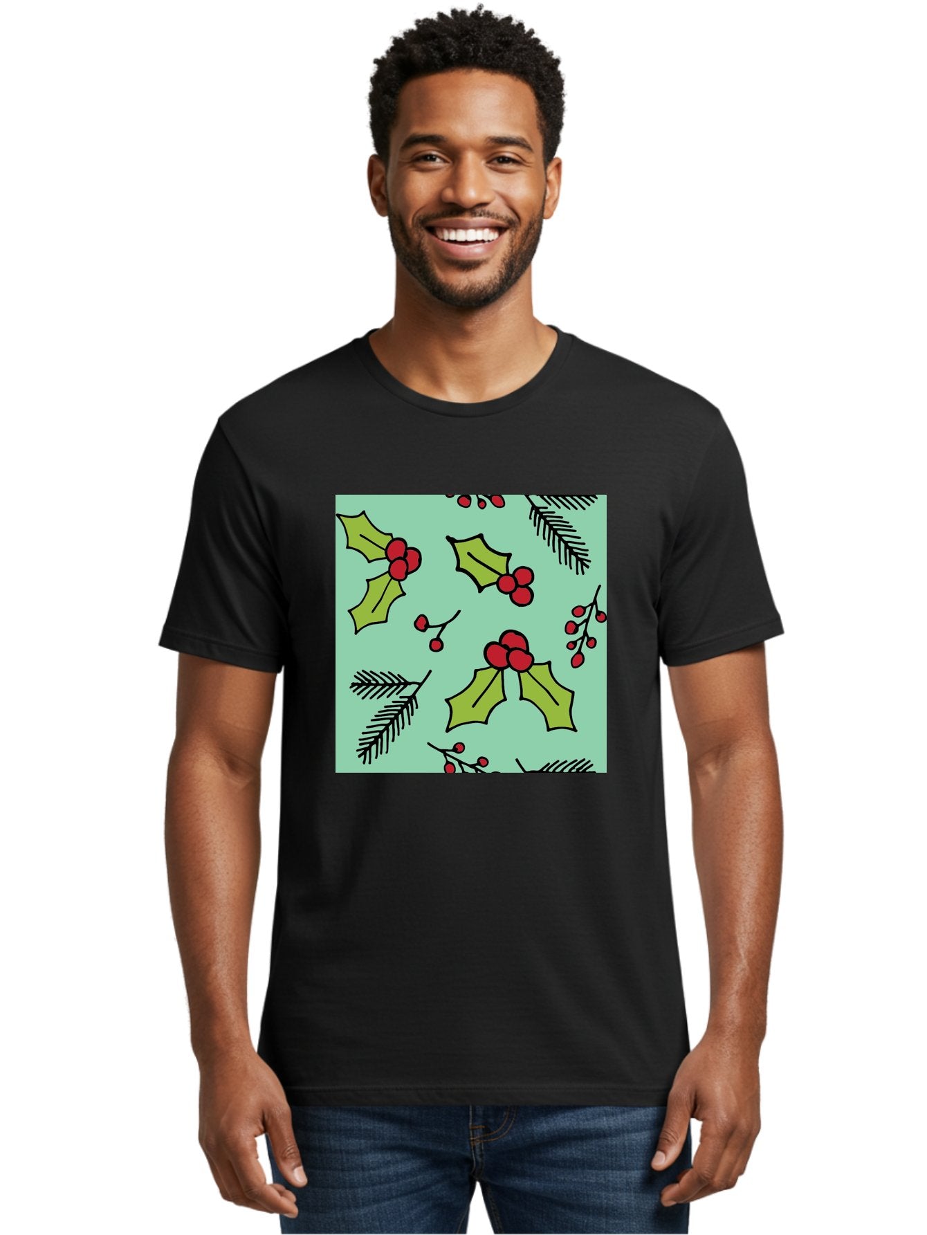 Holly-Pattern Men'S Graphic Tee, 100% Cotton, Comfortable Casual Summer Wear, Machine Washable, Holly Leaves, Red Berries, Festive Pattern, Christmas Decor, Winter Theme, Seasonal Design, Holiday Illustration, Green Leaves, Black Outlines -  Aaa937 23