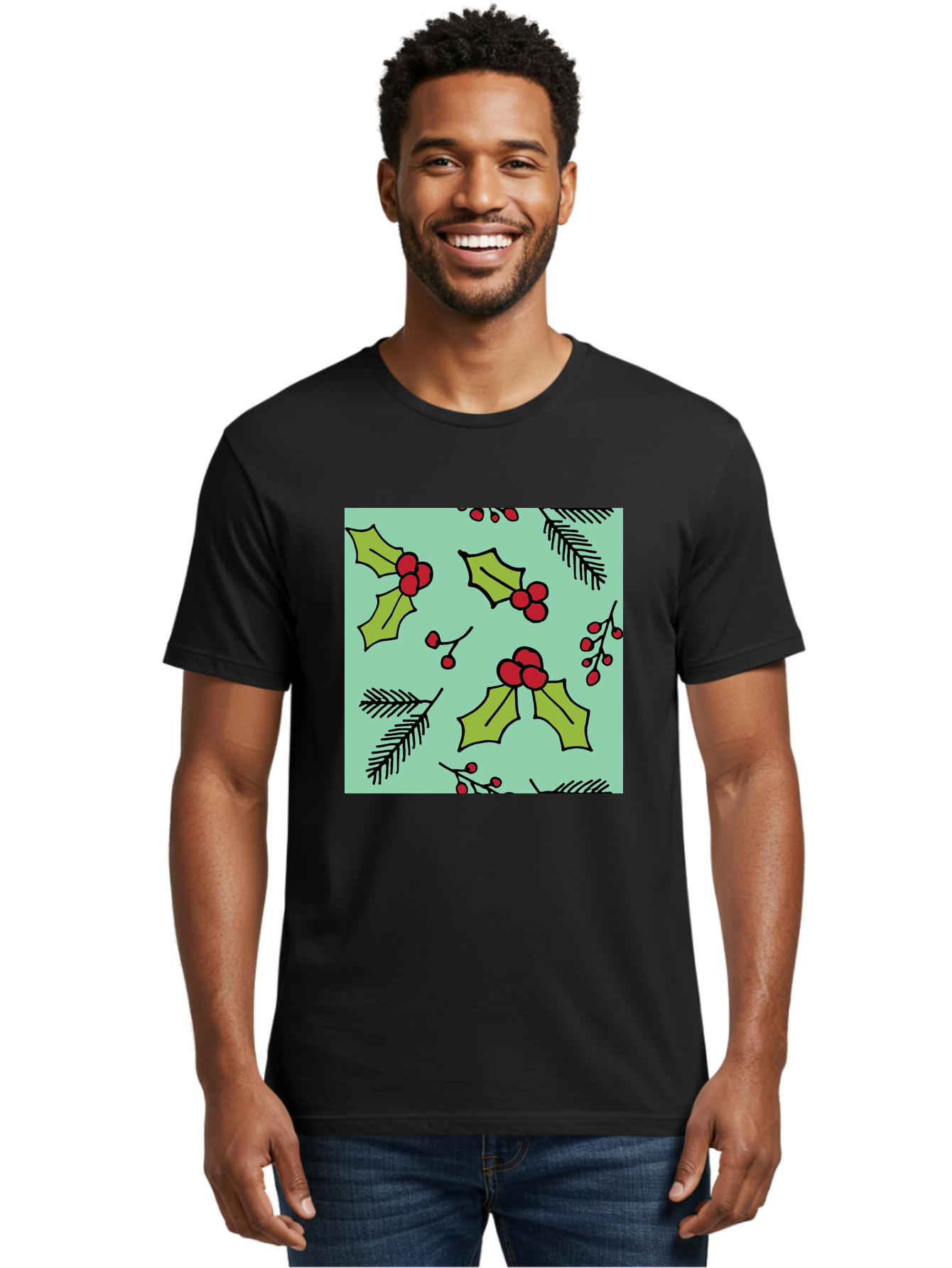 Holly-Pattern Men'S Graphic Tee, 100% Cotton, Comfortable Casual Summer Wear, Machine Washable, Holly Leaves, Red Berries, Festive Pattern, Christmas Decor, Winter Theme, Seasonal Design, Holiday Illustration, Green Leaves, Black Outlines -  Aaa937 18