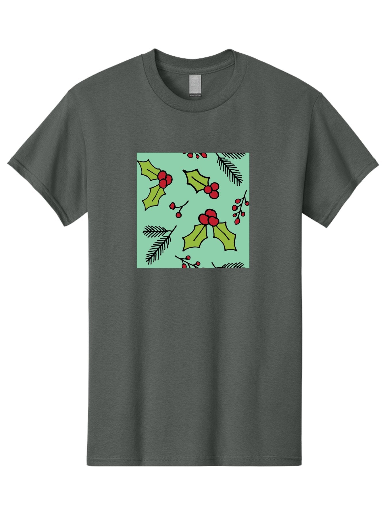 Holly-Pattern Men'S Graphic Tee, 100% Cotton, Comfortable Casual Summer Wear, Machine Washable, Holly Leaves, Red Berries, Festive Pattern, Christmas Decor, Winter Theme, Seasonal Design, Holiday Illustration, Green Leaves, Black Outlines -  Aaa937 11